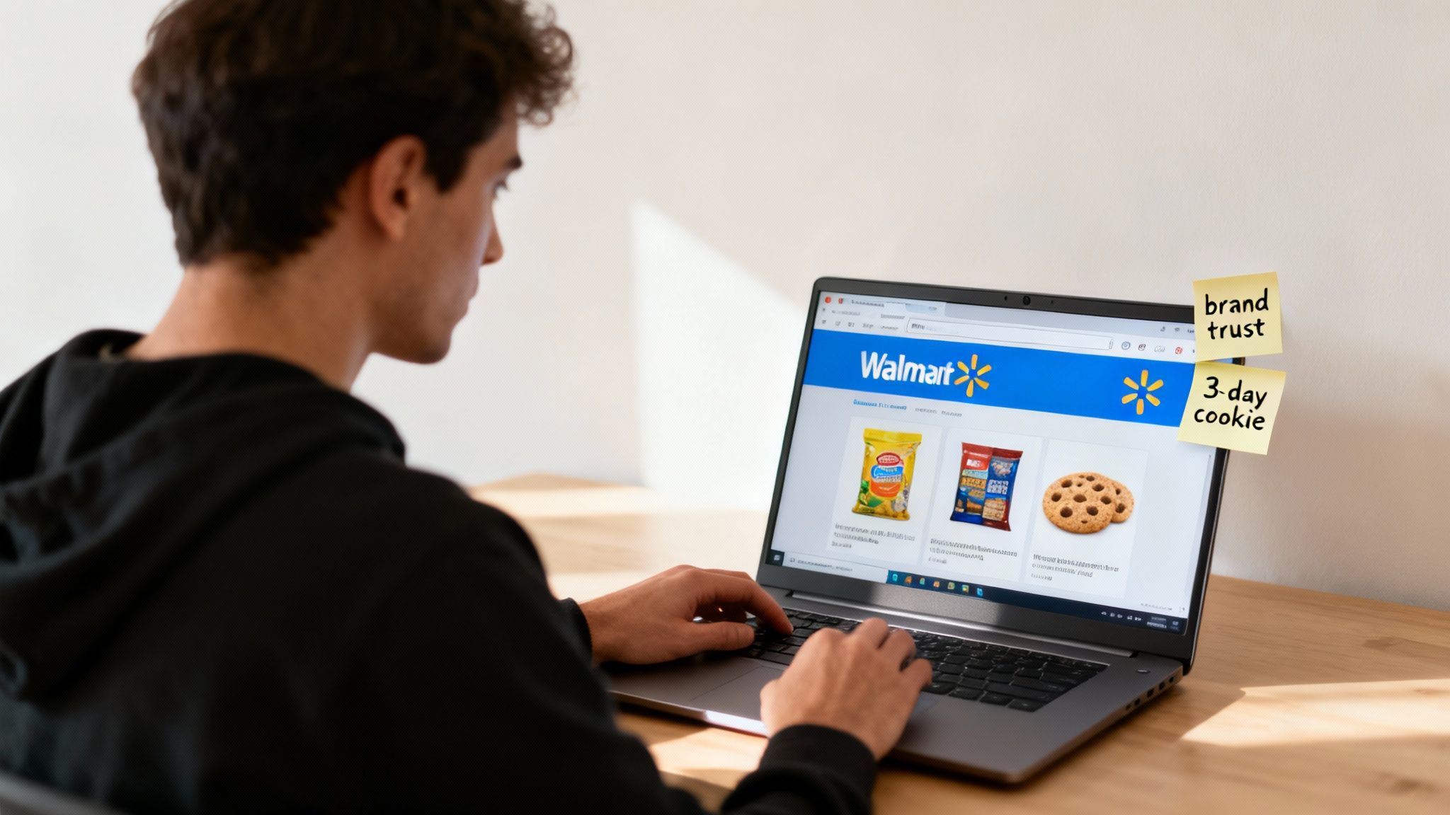 A person shopping online on a laptop with the Walmart logo visible on the screen.