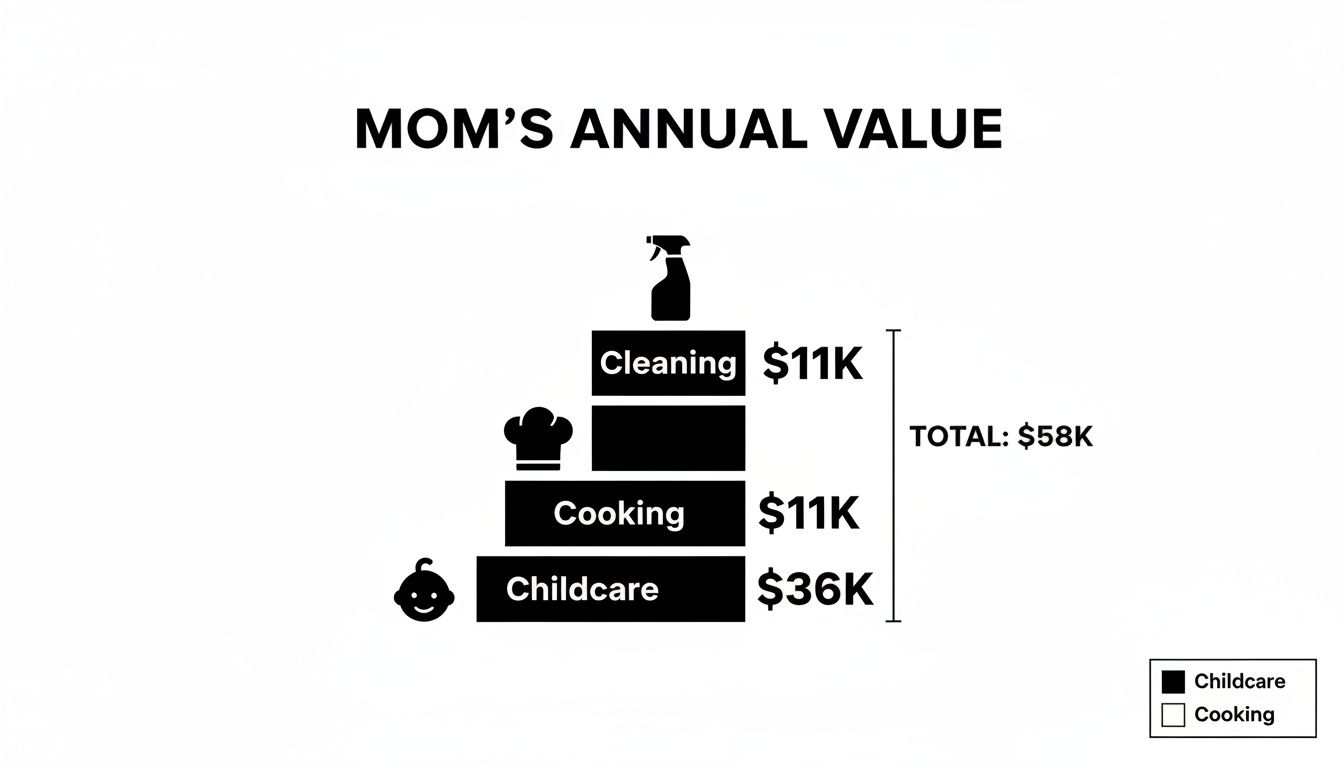 A bar chart titled 'Mom's Annual Value' showing childcare ($36K), cooking ($11K), and cleaning ($11K) totaling $58K.