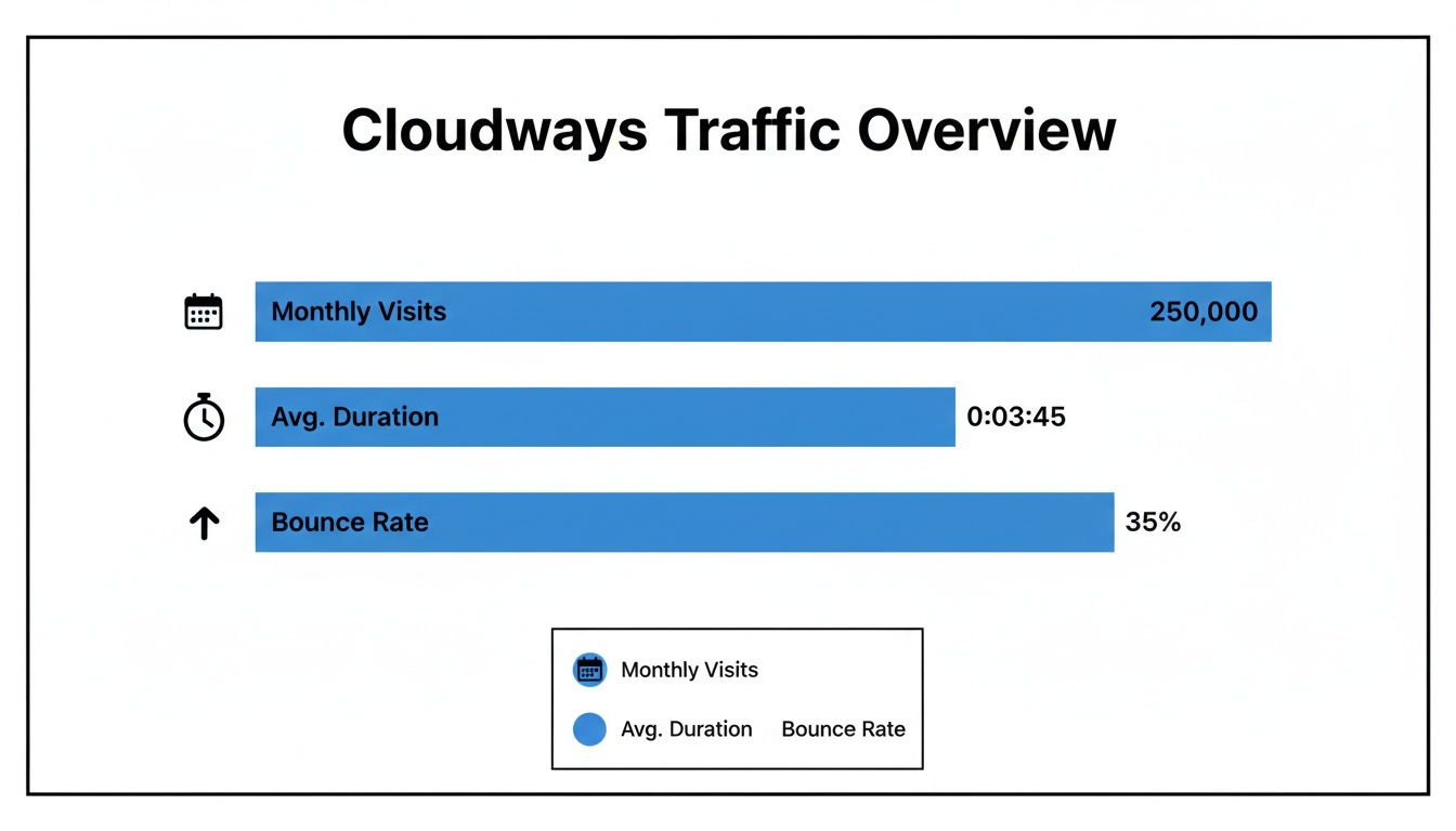 Cloudways traffic overview showing monthly visits (250,000), average duration (0:03:45), and 35% bounce rate.