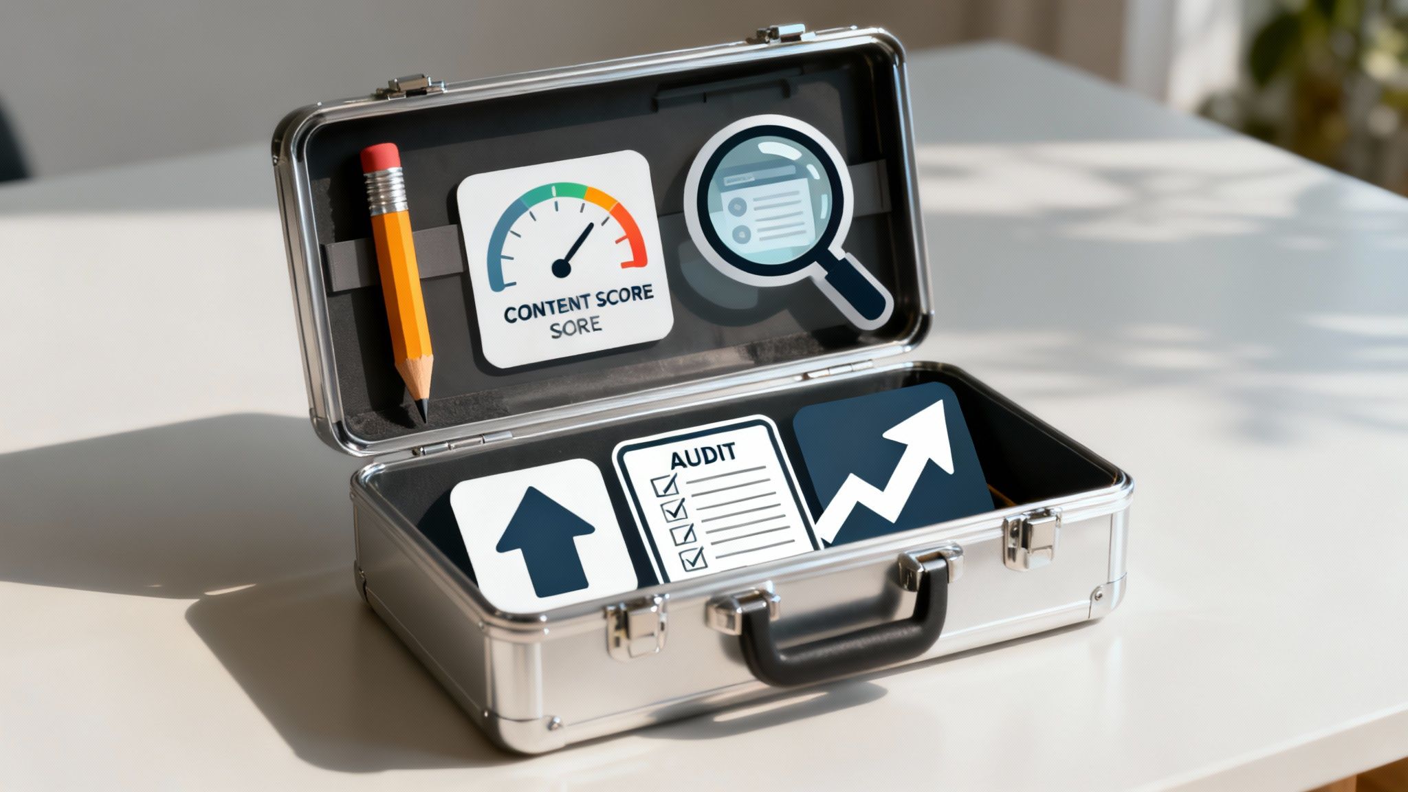 A digital illustration of Surfer SEO's core features, like Content Editor and SERP Analyzer, represented as interconnected tools.