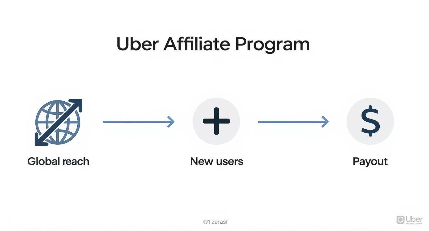 Uber affiliate program flow diagram showing global reach leading to new users and payouts