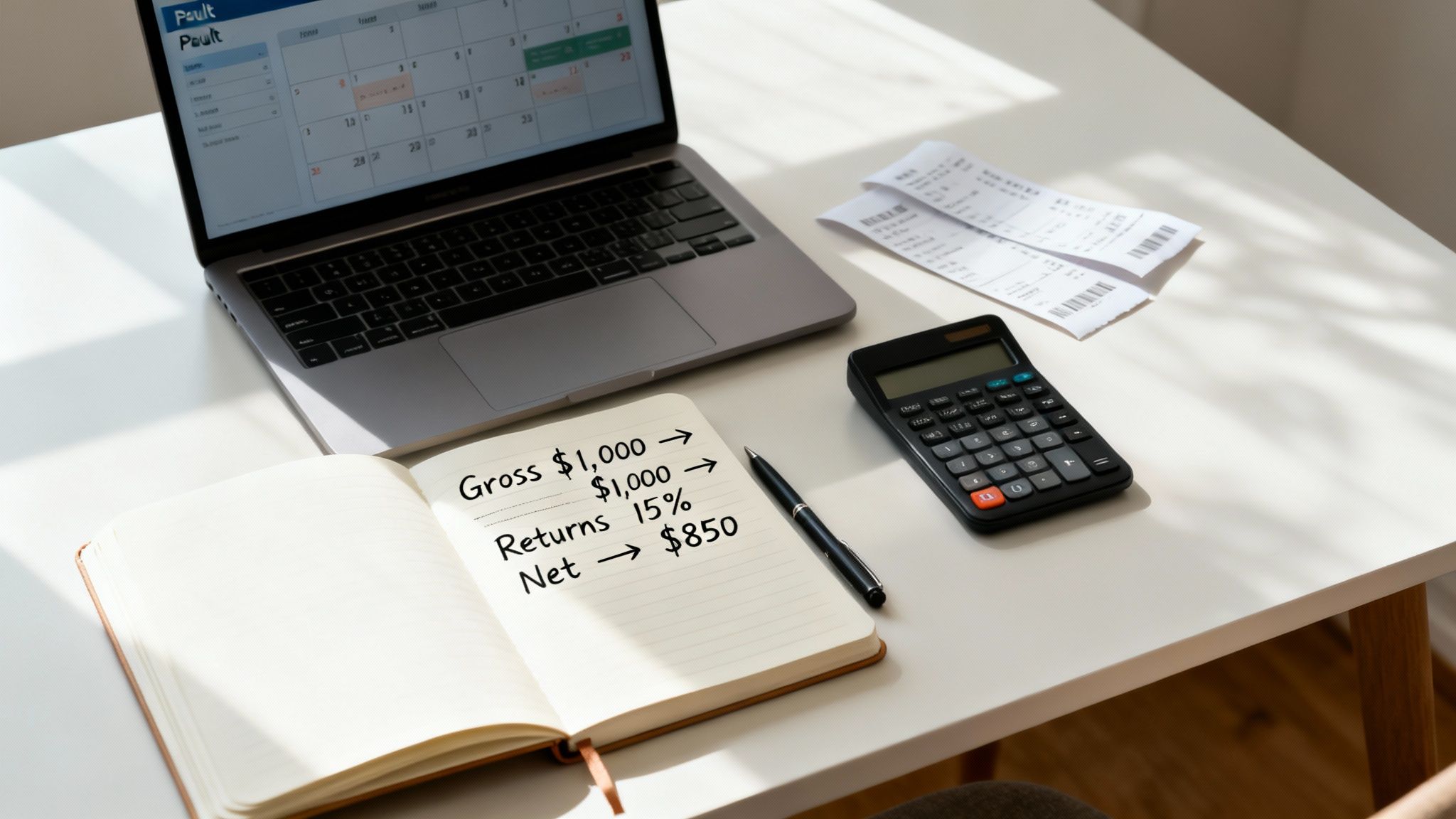 A desk setup with a laptop, calculator, open notebook showing financial calculations, receipts, and a pen.