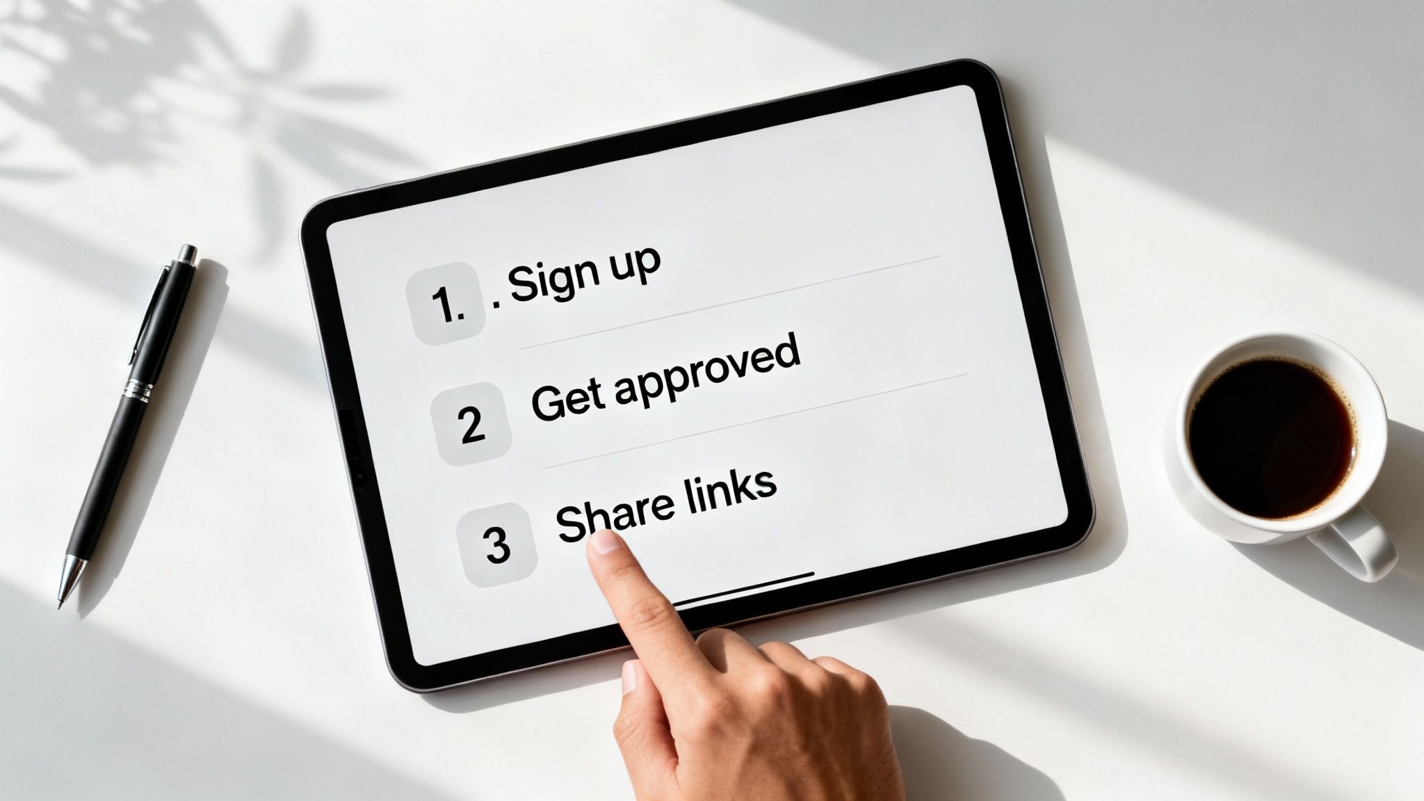 A hand taps a tablet displaying an affiliate program's three steps: Sign up, Get approved, Share links.