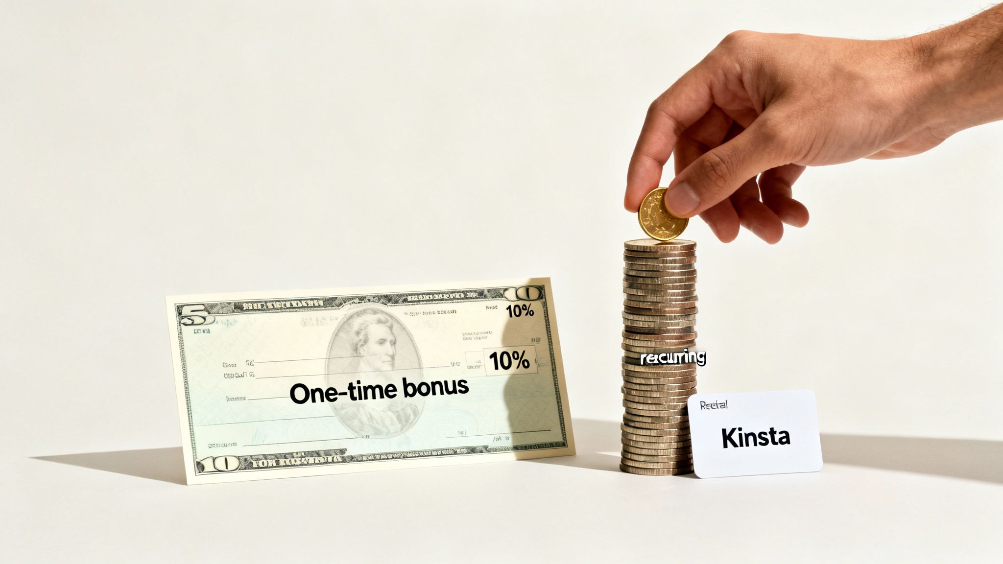 A hand adds a coin to a stack labeled 'recurring,' contrasting with a 'one-time bonus' check and a 'Kinsta' card.