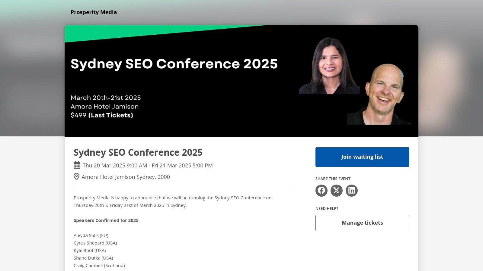 Sydney SEO Conference (TicketTailor ticketing page)
