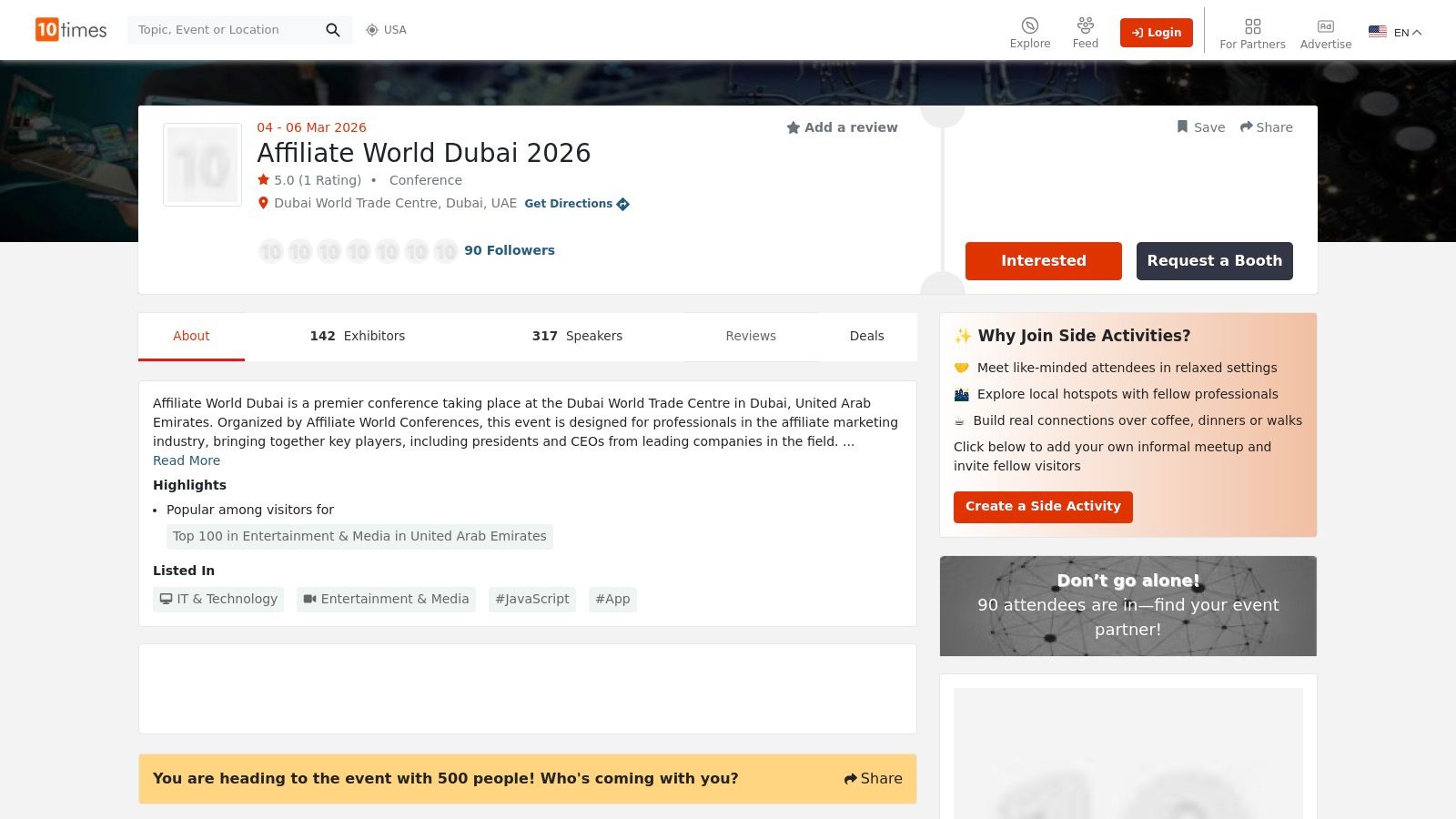 10Times – events directory (Affiliate World Dubai listing)