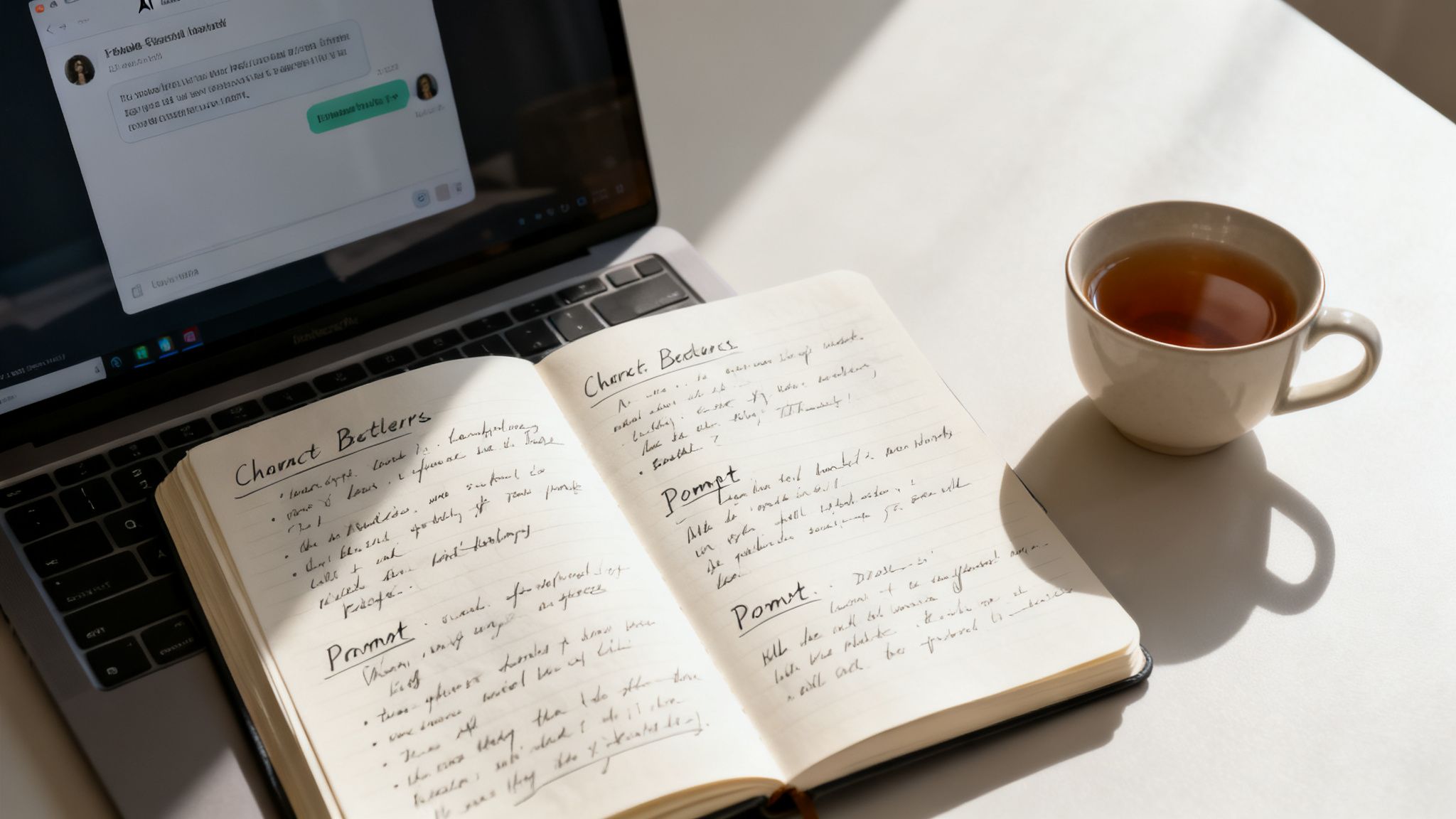 A laptop, open notebook with handwritten notes, and a cup of tea on a bright white table.
