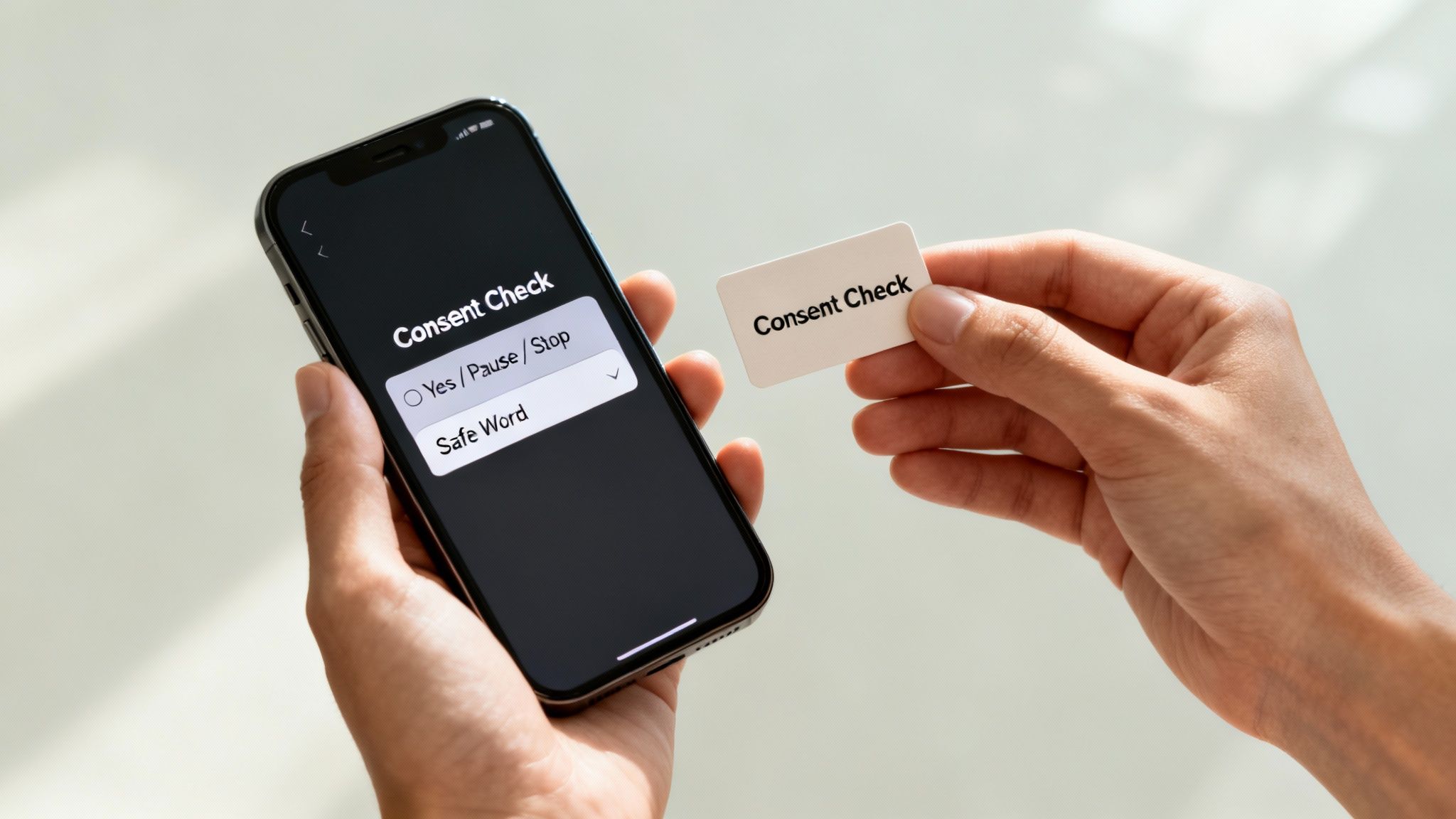 A person holds a smartphone displaying a 'Consent Check' app and a physical 'Consent Check' card, emphasizing communication.