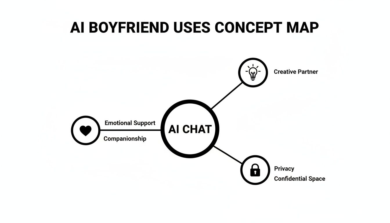 A concept map shows AI Chat as the core of an AI Boyfriend, providing emotional support, companionship, creative partnership, and privacy.