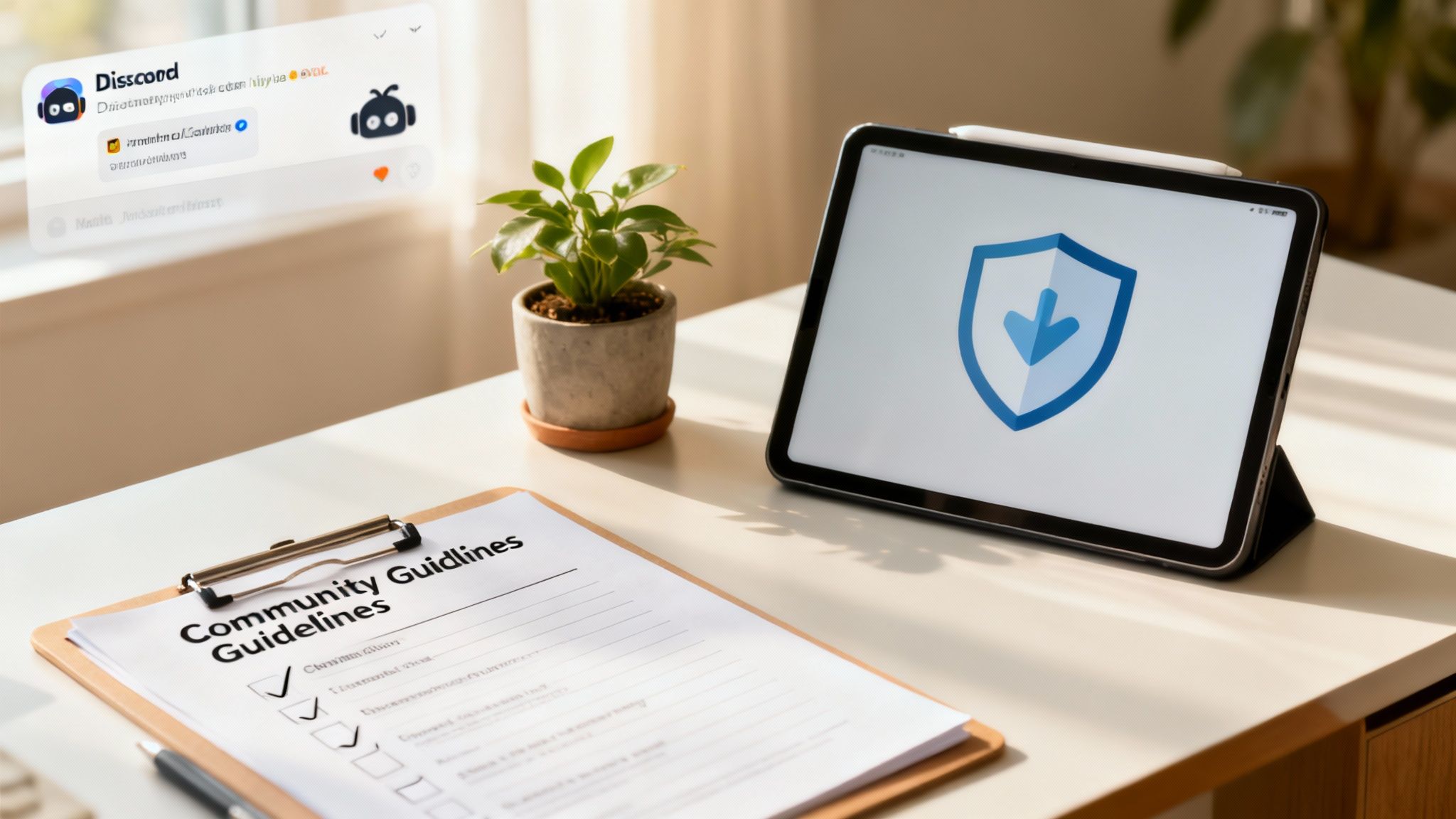 A desk with Community Guidelines, a tablet showing a shield icon, a plant, and a floating Discord chat window with a bot.