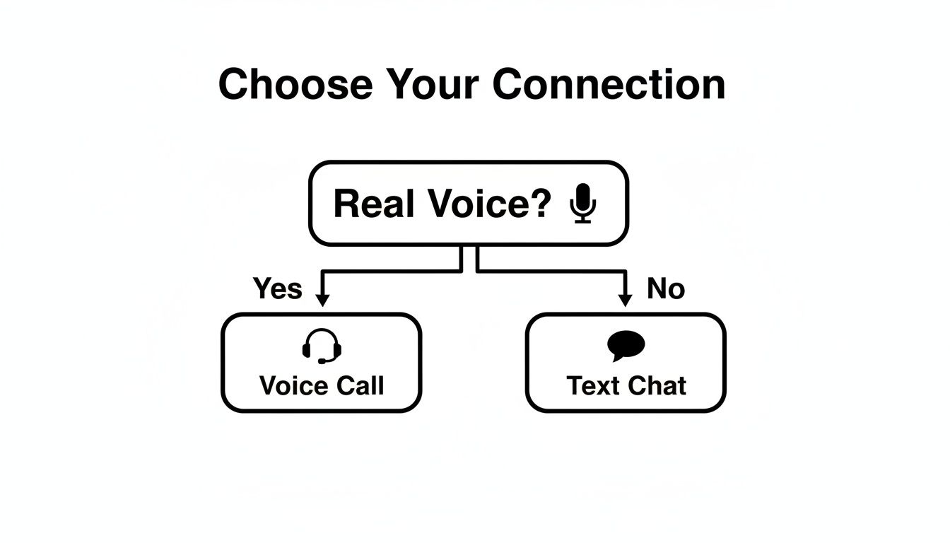 A flowchart titled 'Choose Your Connection' asking 'Real Voice?', leading to 'Voice Call' or 'Text Chat' options.