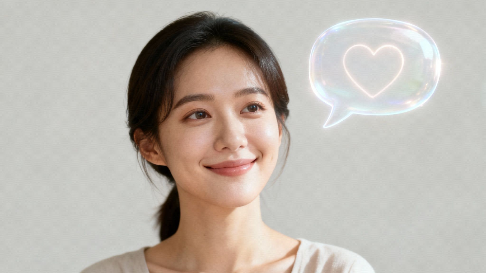 A smiling Asian woman looks right, with a glowing heart speech bubble beside her.