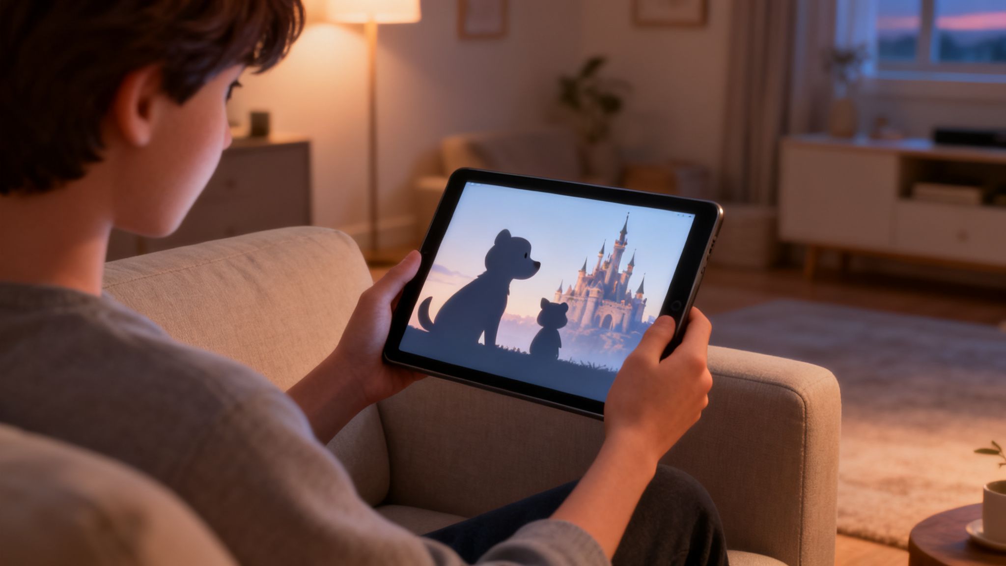 A person sits on a sofa watching a tablet display a cartoon of animal silhouettes and a castle.