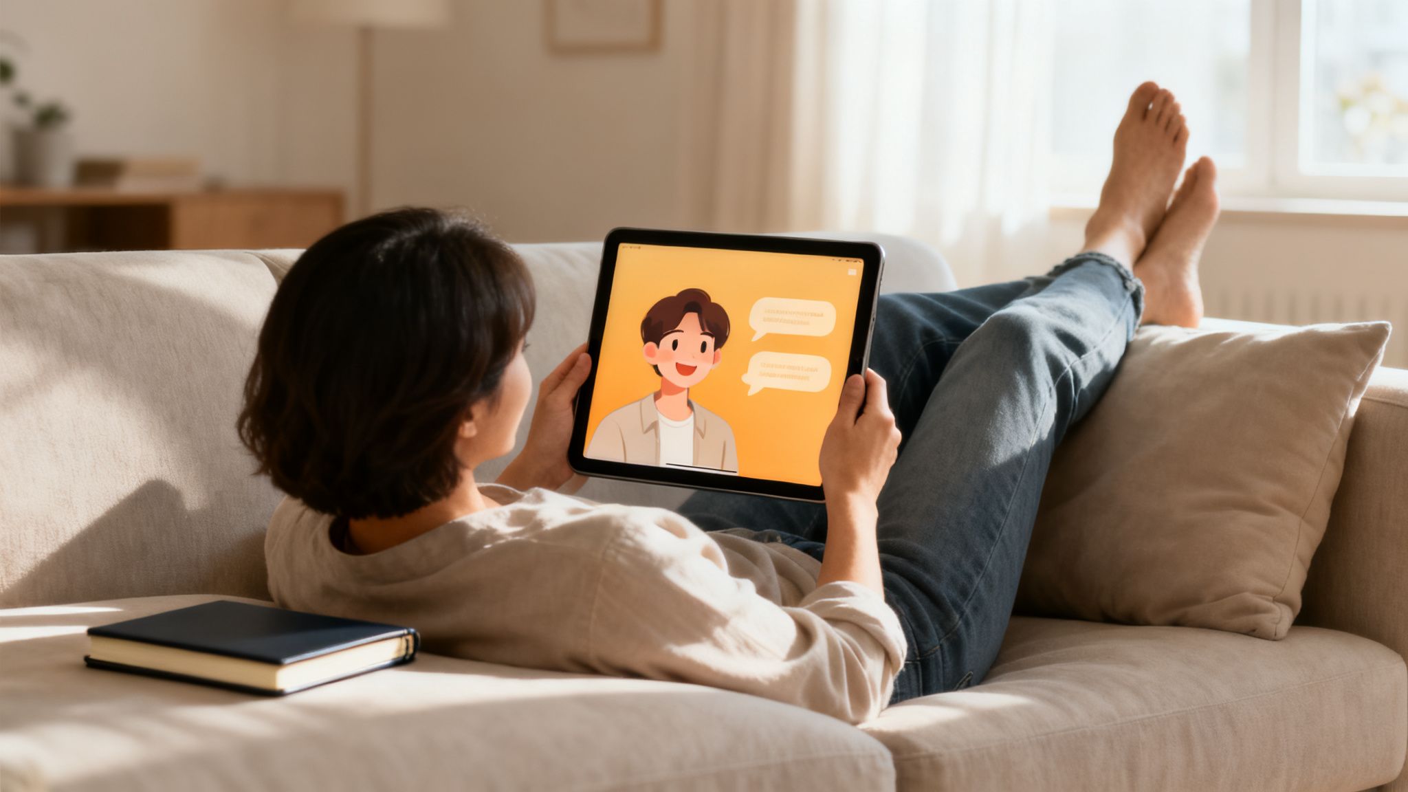 Person relaxing on a sofa, using a tablet to interact with an AI chat companion.