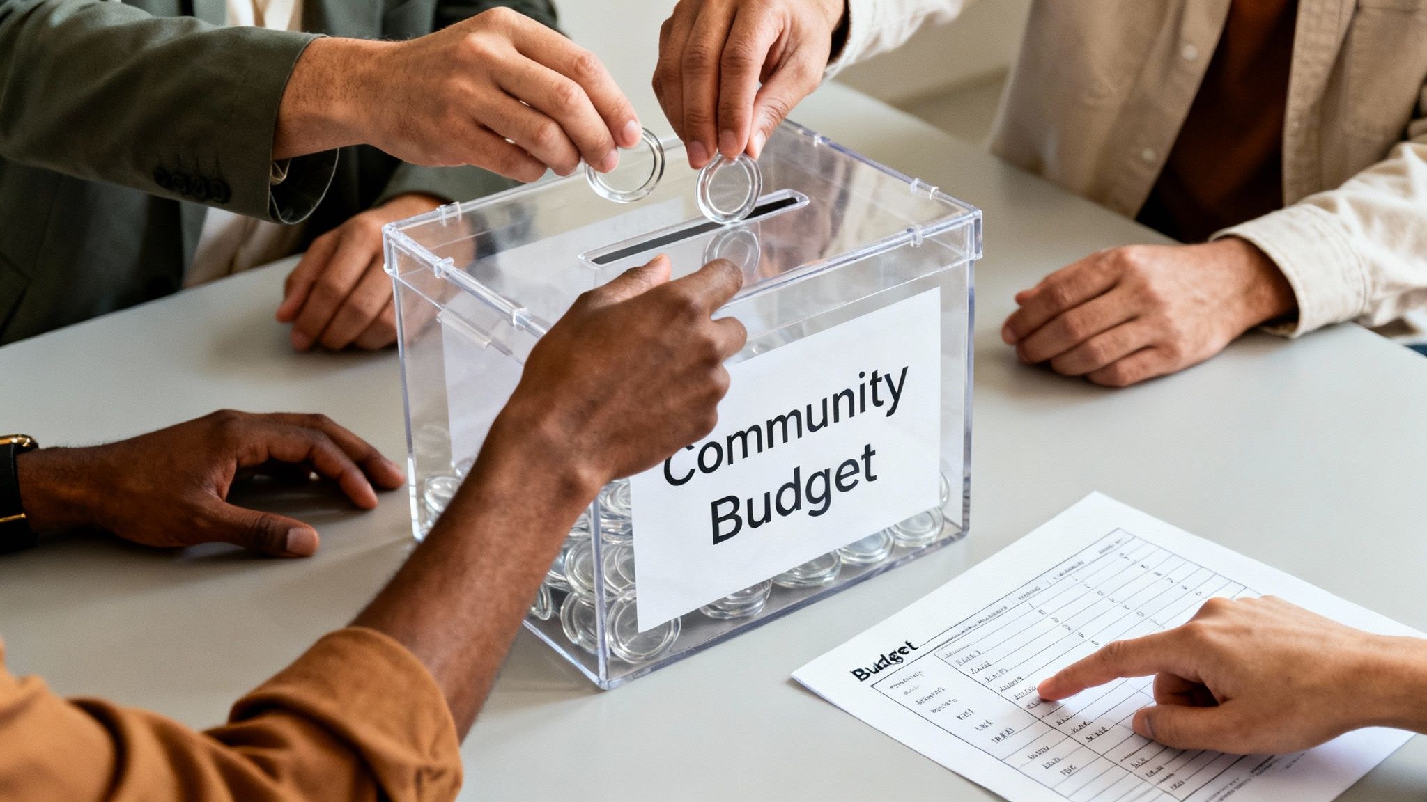Diverse group of people putting clear tokens into a 'Community Budget' box during a meeting.