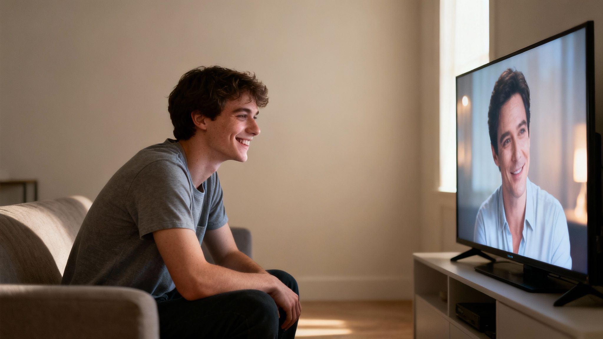 A young man happily watches a man on a television screen in a bright living room.
