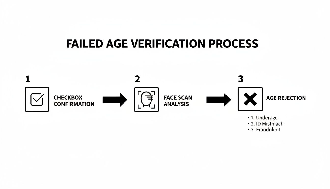 Diagram illustrating a failed age verification process, detailing steps from checkbox confirmation to face scan and age rejection.