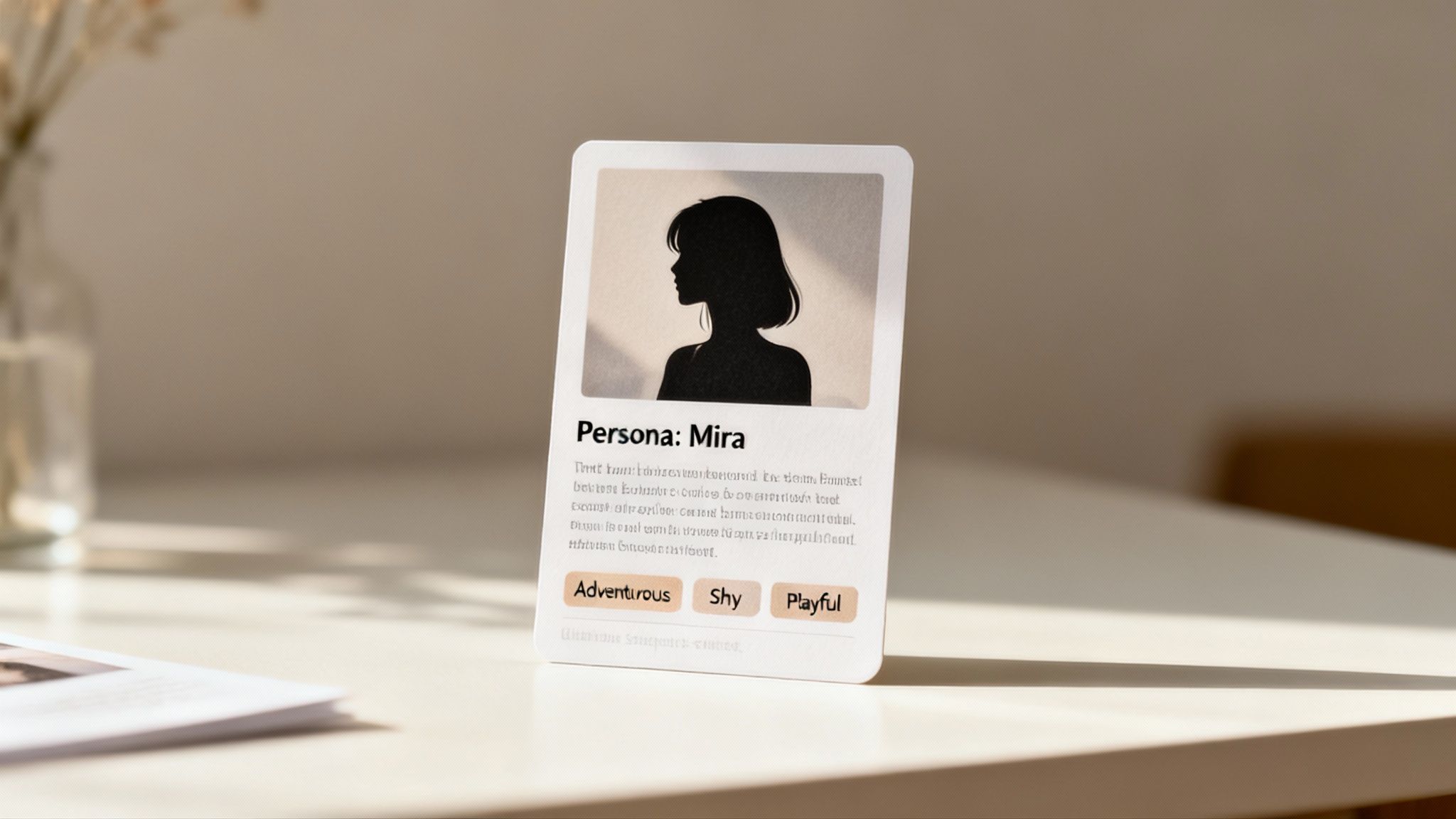 A persona card for Mira, featuring a woman's silhouette and traits like adventurous, shy, and playful.