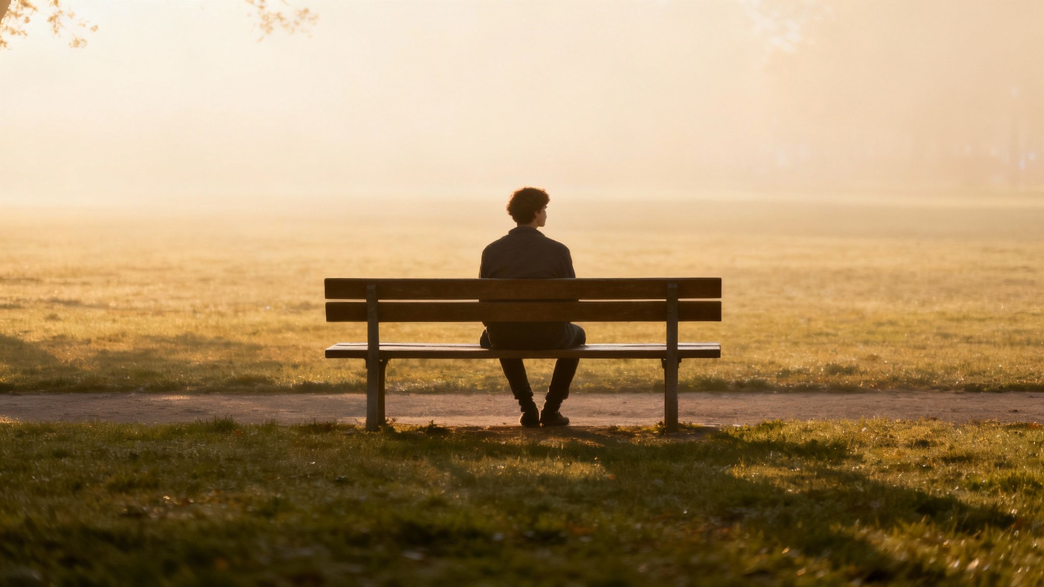 A person sitting alone on a park bench, looking thoughtful but not sad, with the sun setting in the background.
