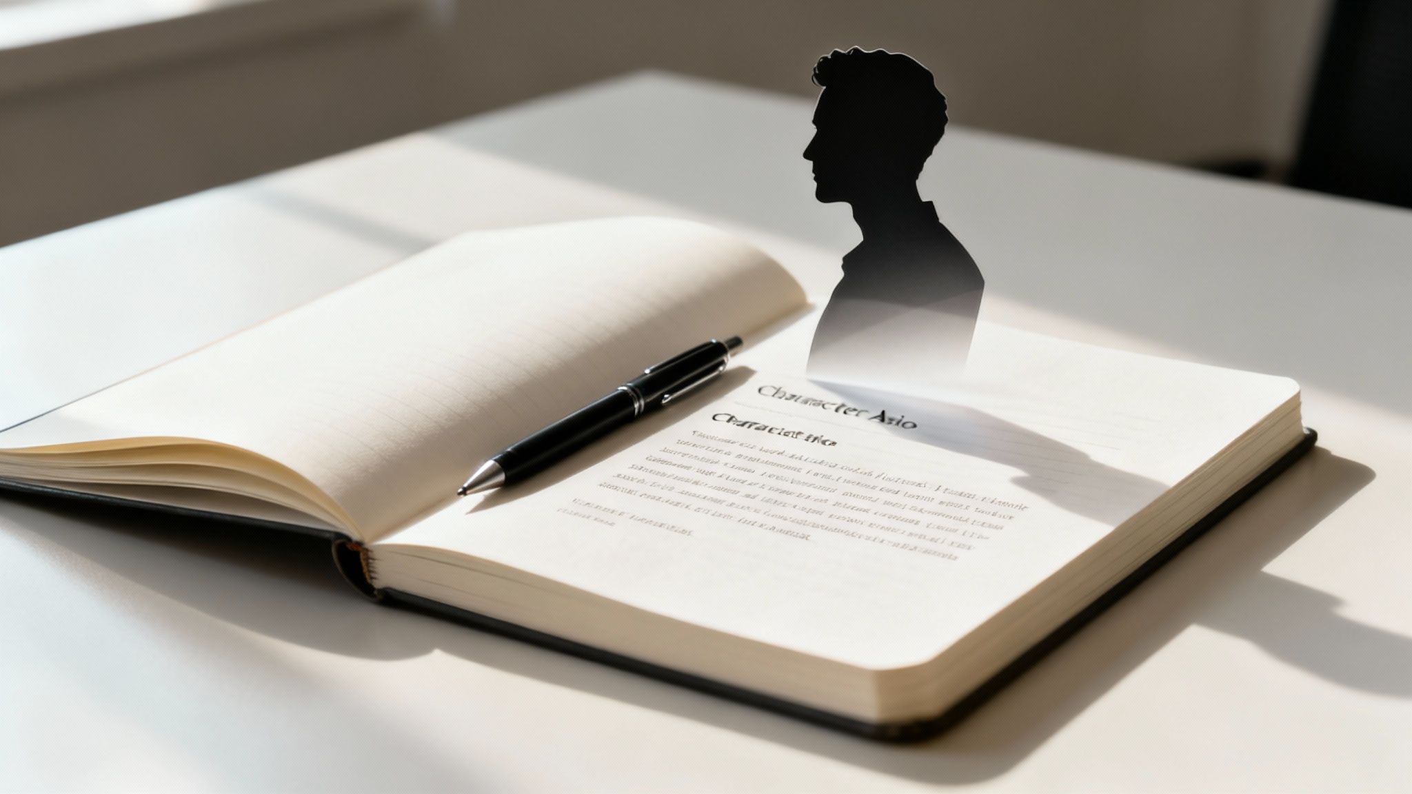 An open notebook with a pen and a paper cut-out silhouette of a man emerging from the pages, symbolizing character creation.
