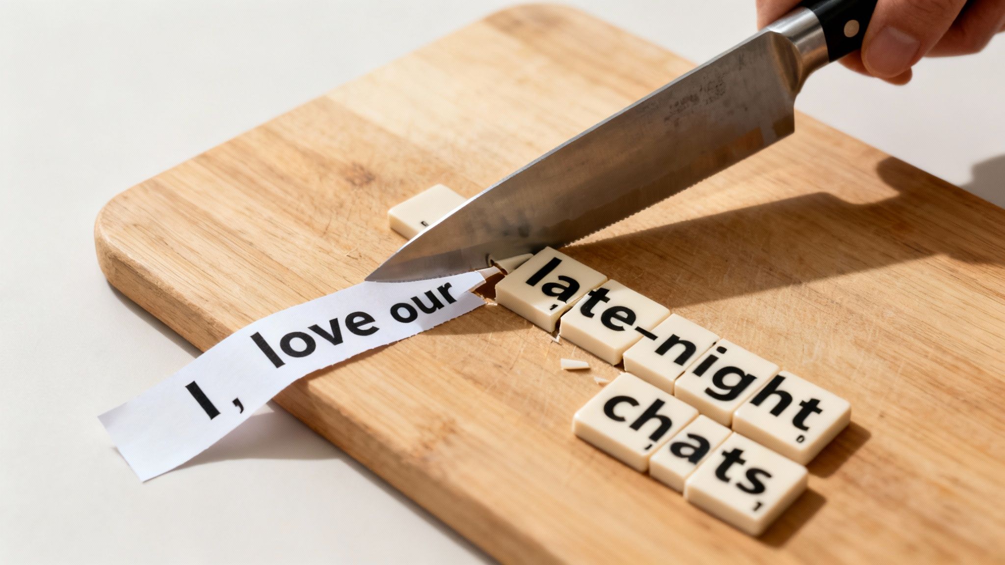 A knife cuts a paper strip and Scrabble tiles spelling 'I, love our late-night chats' on a wooden board.