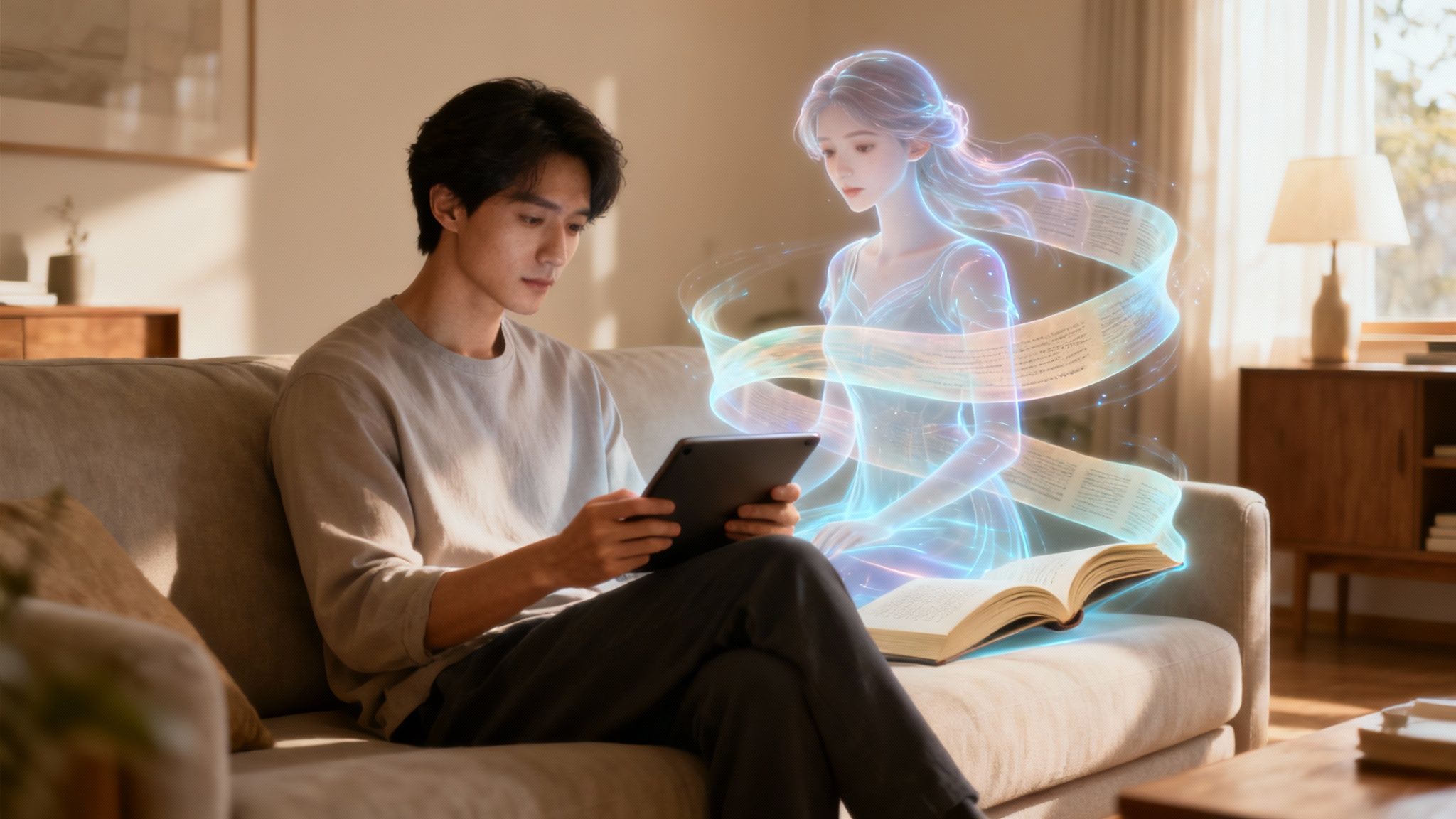 A woman interacting with a holographic AI companion.