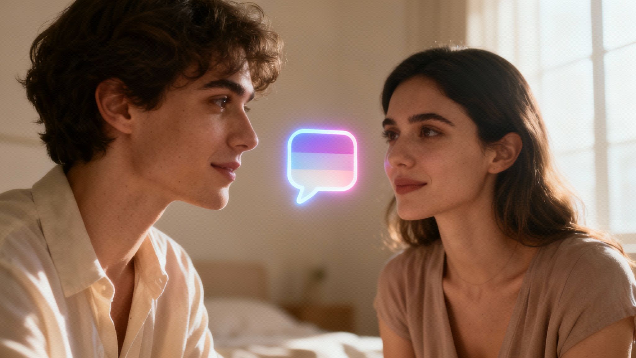 A woman interacting with a lesbian AI chatbot on her phone, with a warm, supportive expression.