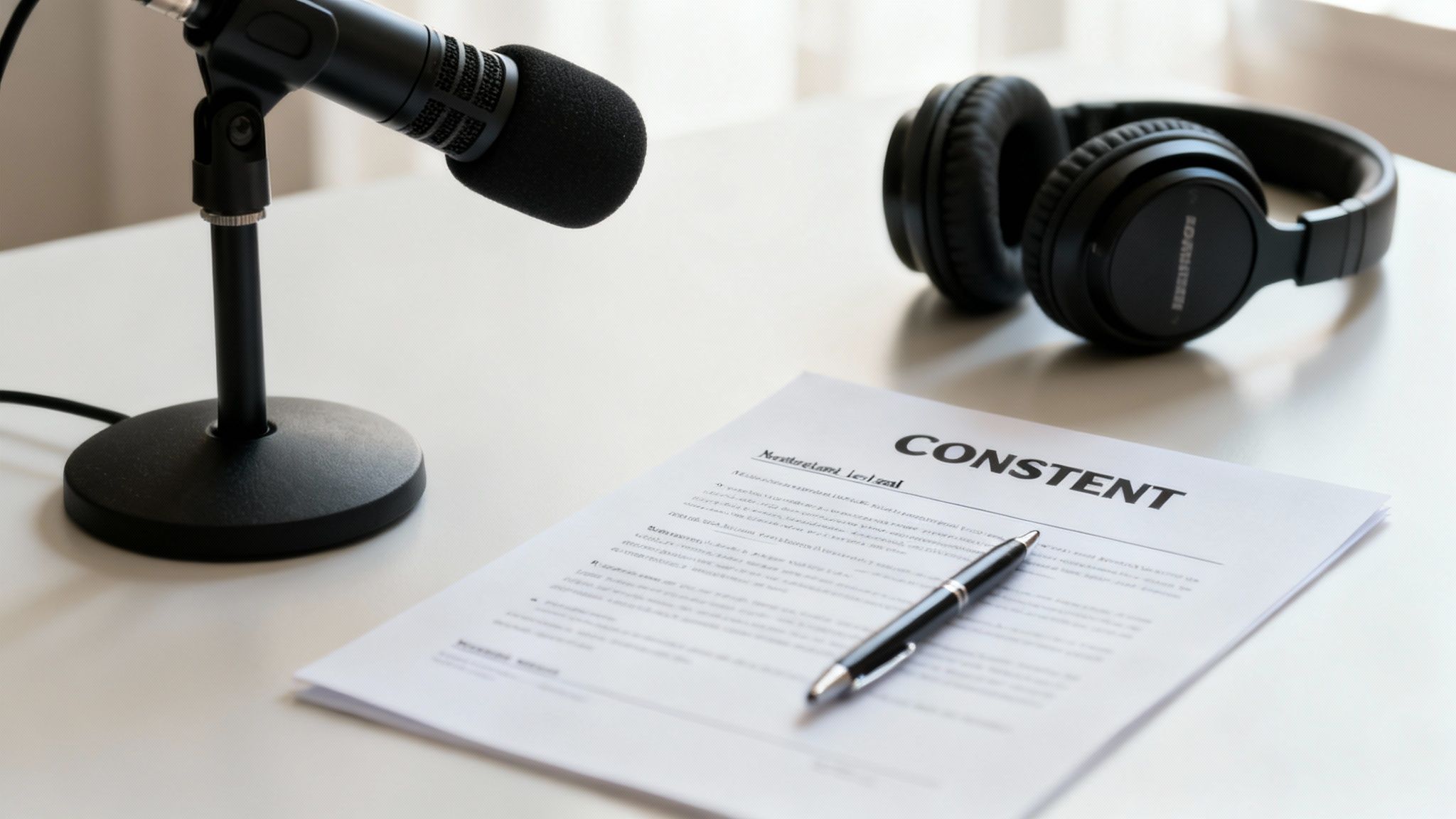 Microphone, headphones, pen, and a document with 'CONSTENT' on a clean white desk.