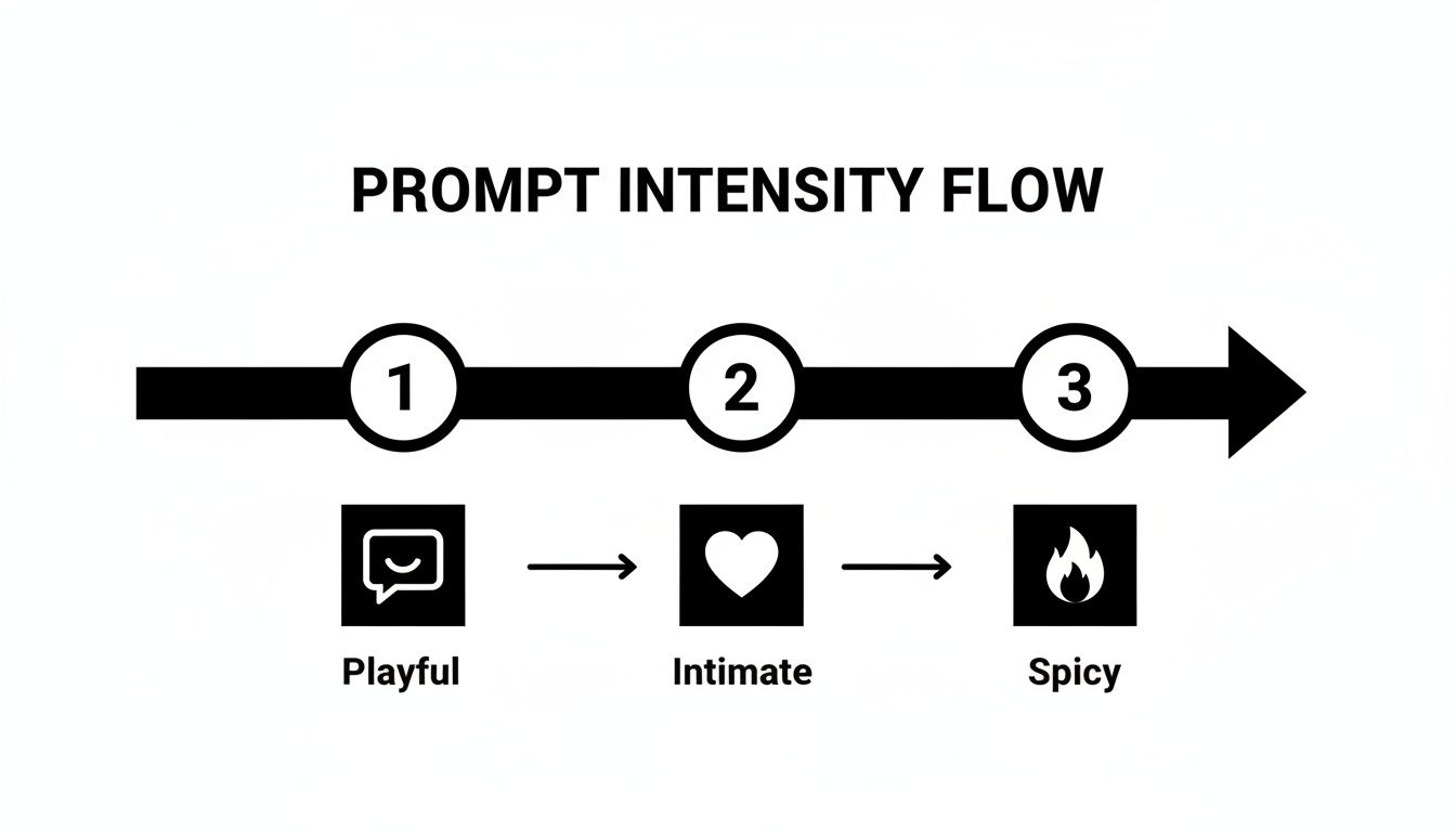 Flow chart illustrating prompt intensity progression from playful, to intimate, and finally spicy.