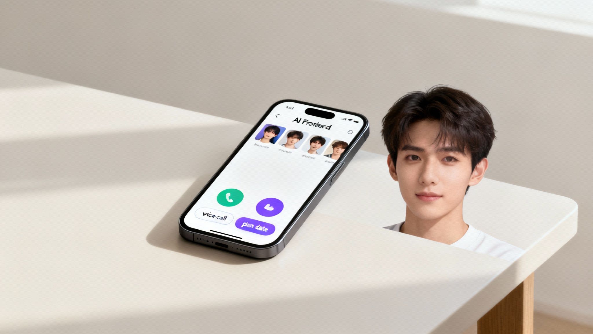 A woman smiles while looking at her phone, with a soft, glowing heart icon floating near the screen, symbolizing a digital connection.