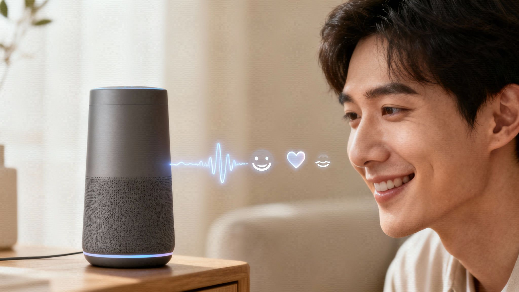 A smiling man interacts with a smart speaker showing emojis for emotion recognition.