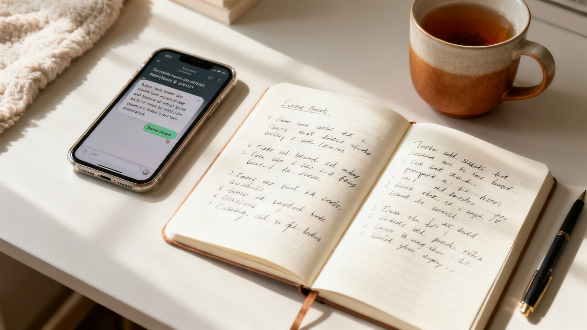 Overhead view of a white desk with an open notebook, smartphone displaying a chat, tea, and a pen.