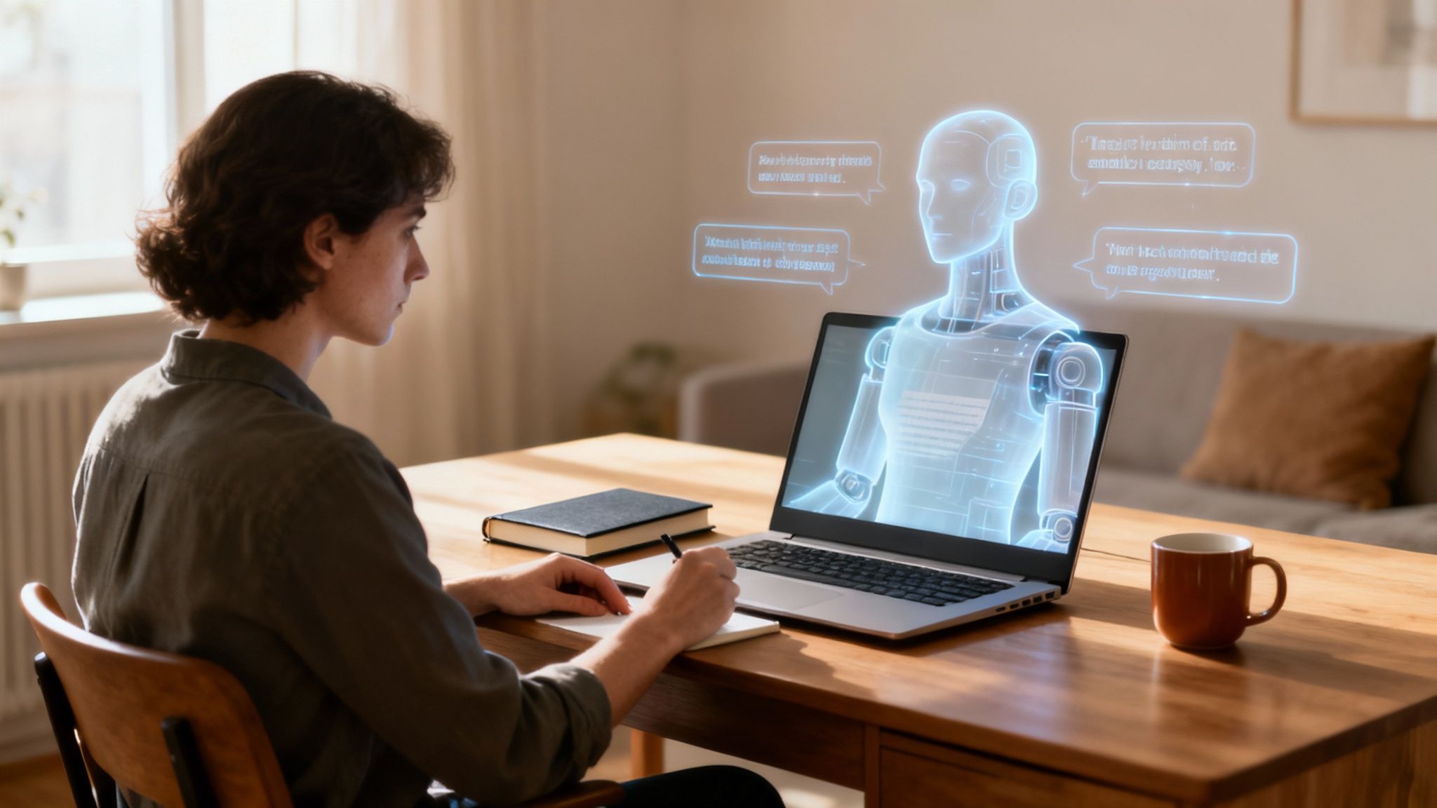 Young person learning from an AI assistant, writing notes on a notebook at a desk.