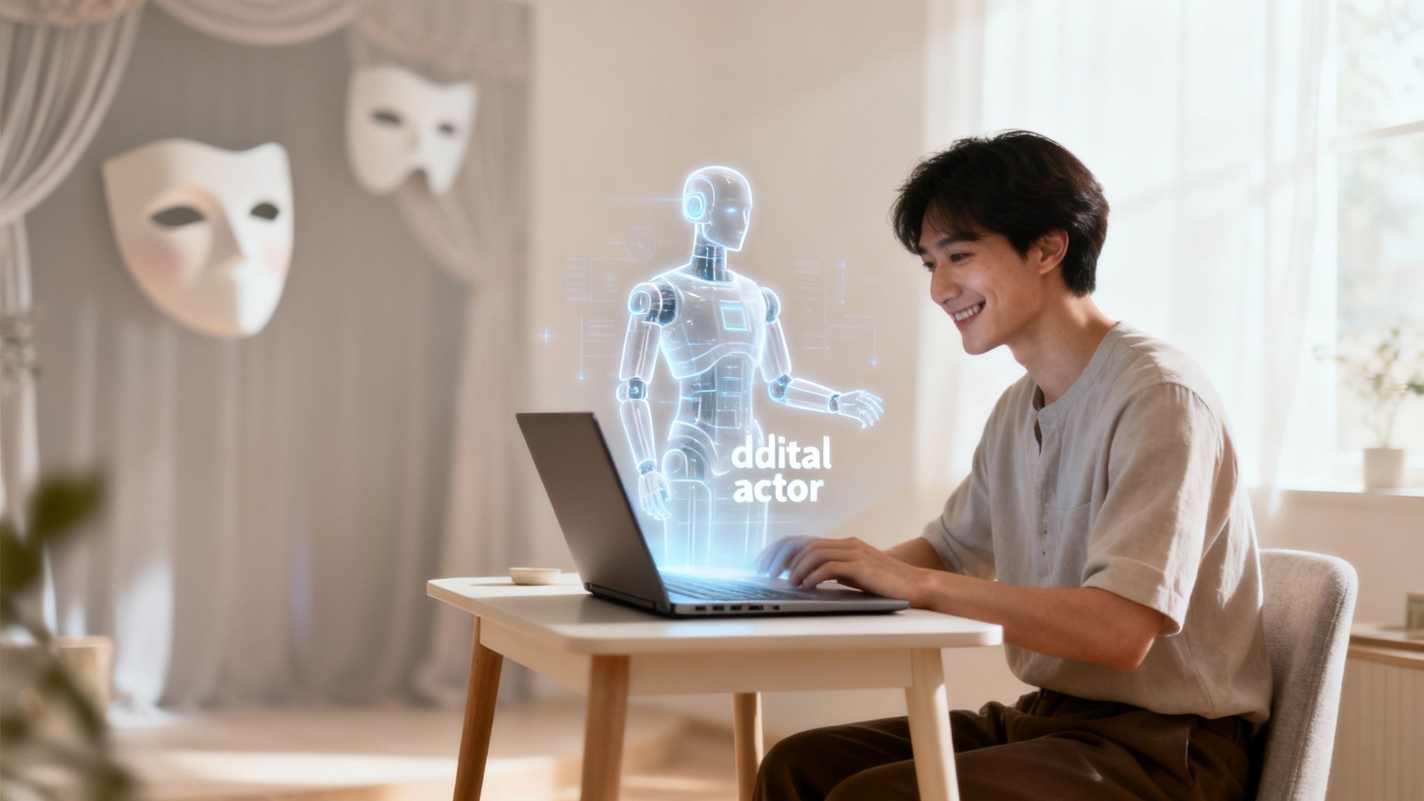 A smiling man uses a laptop displaying a holographic 'digital actor' robot next to theater masks.