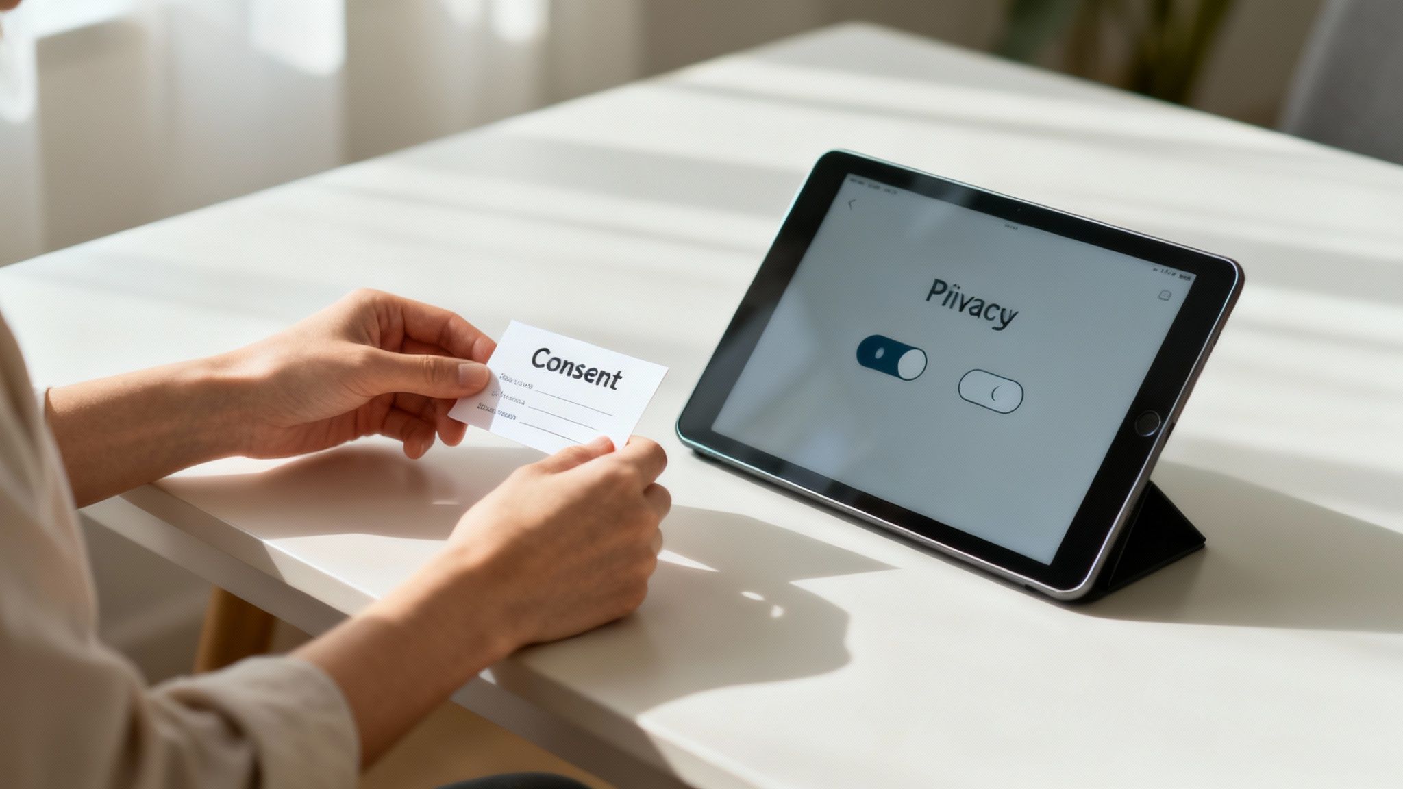 A person setting digital boundaries on a screen, with lock icons and shields protecting their creative story.