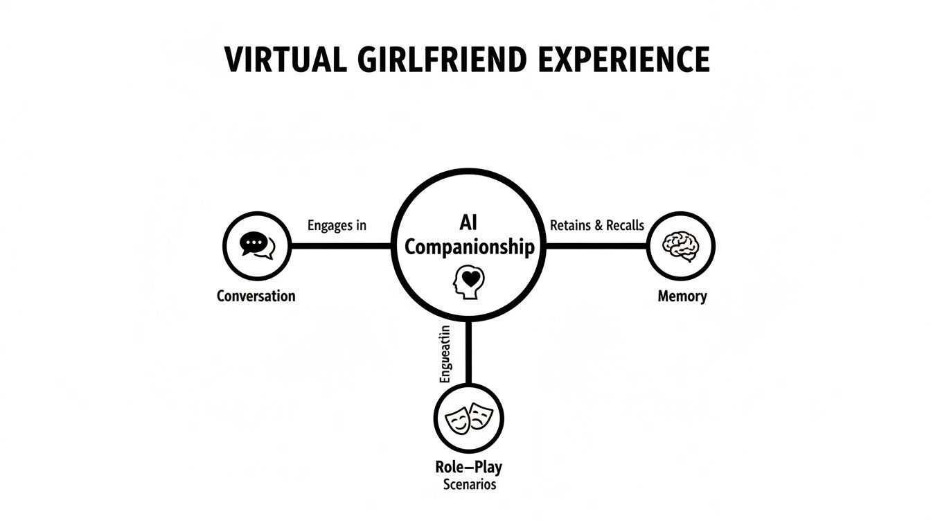 A diagram illustrating AI companionship features: conversation, memory, and role-play scenarios.