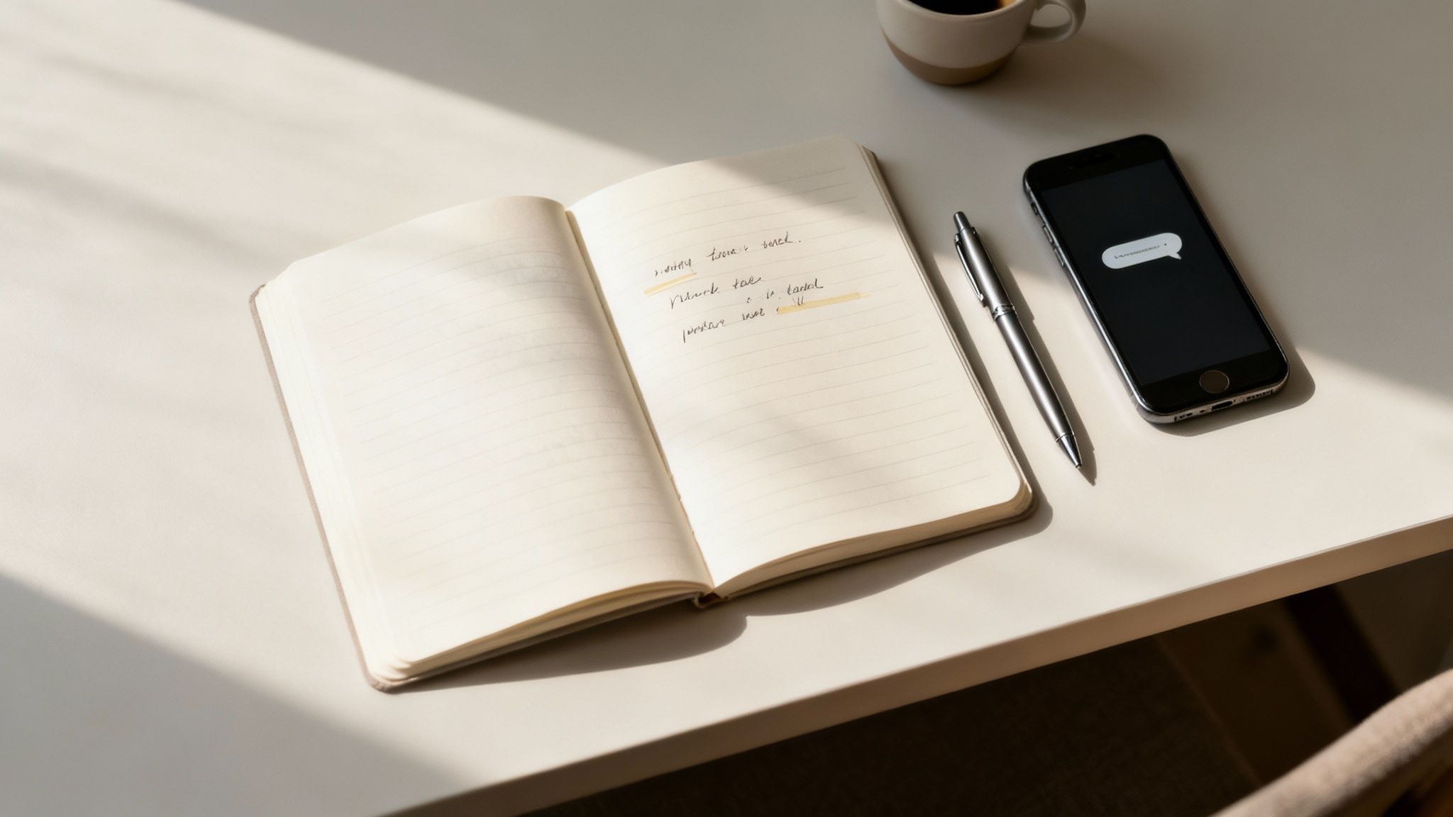 Open notebook with handwritten notes on minimalist desk beside smartphone and pen