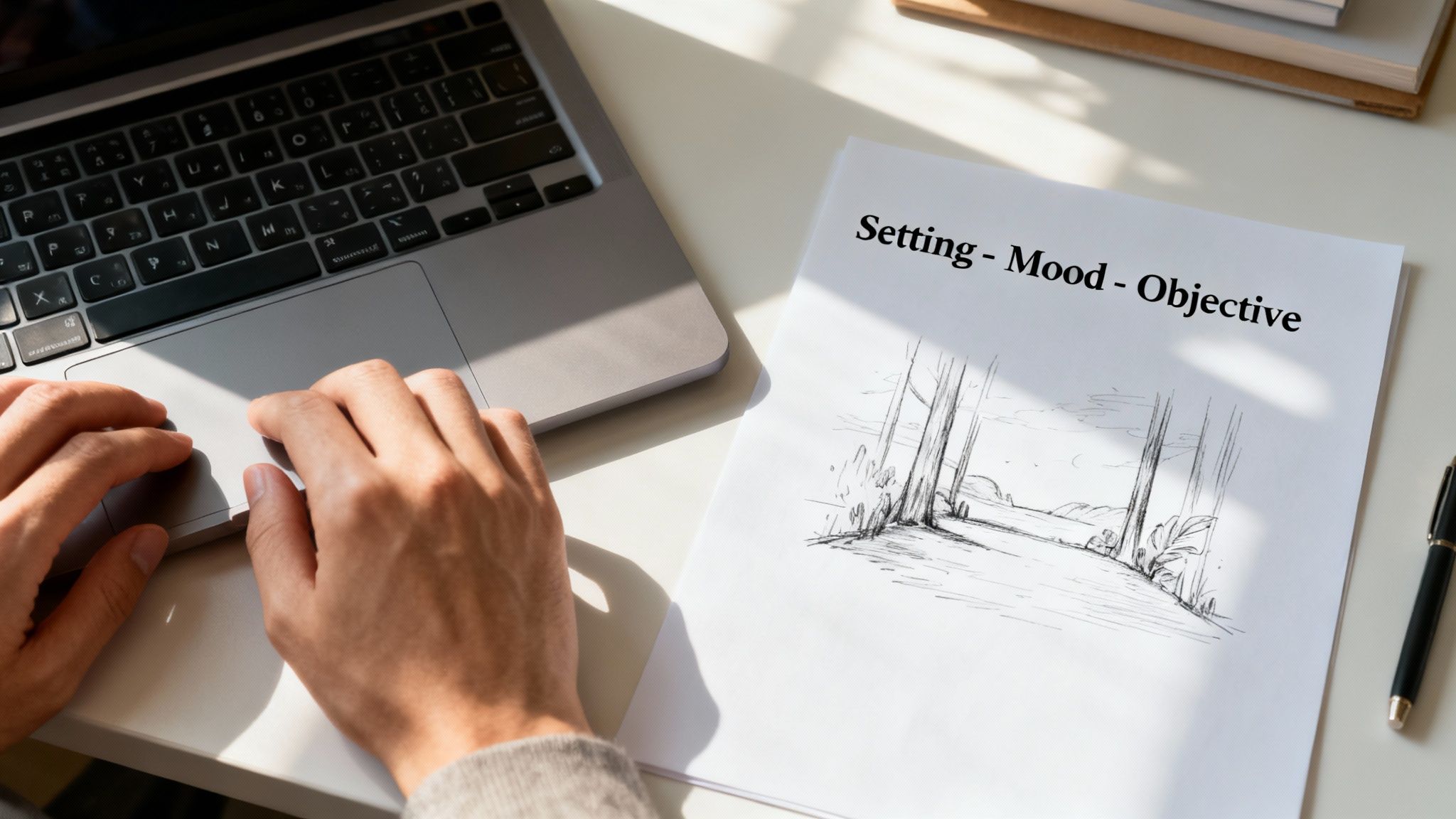 Hands using a laptop trackpad next to a document titled 'Setting - Mood - Objective' with a landscape sketch.