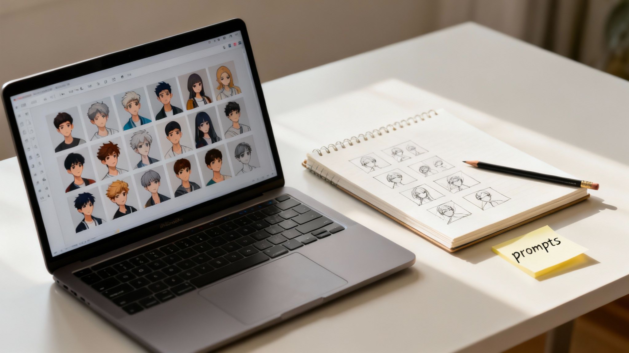 A futuristic scene where a designer uses AI tools on a holographic interface to craft a character.