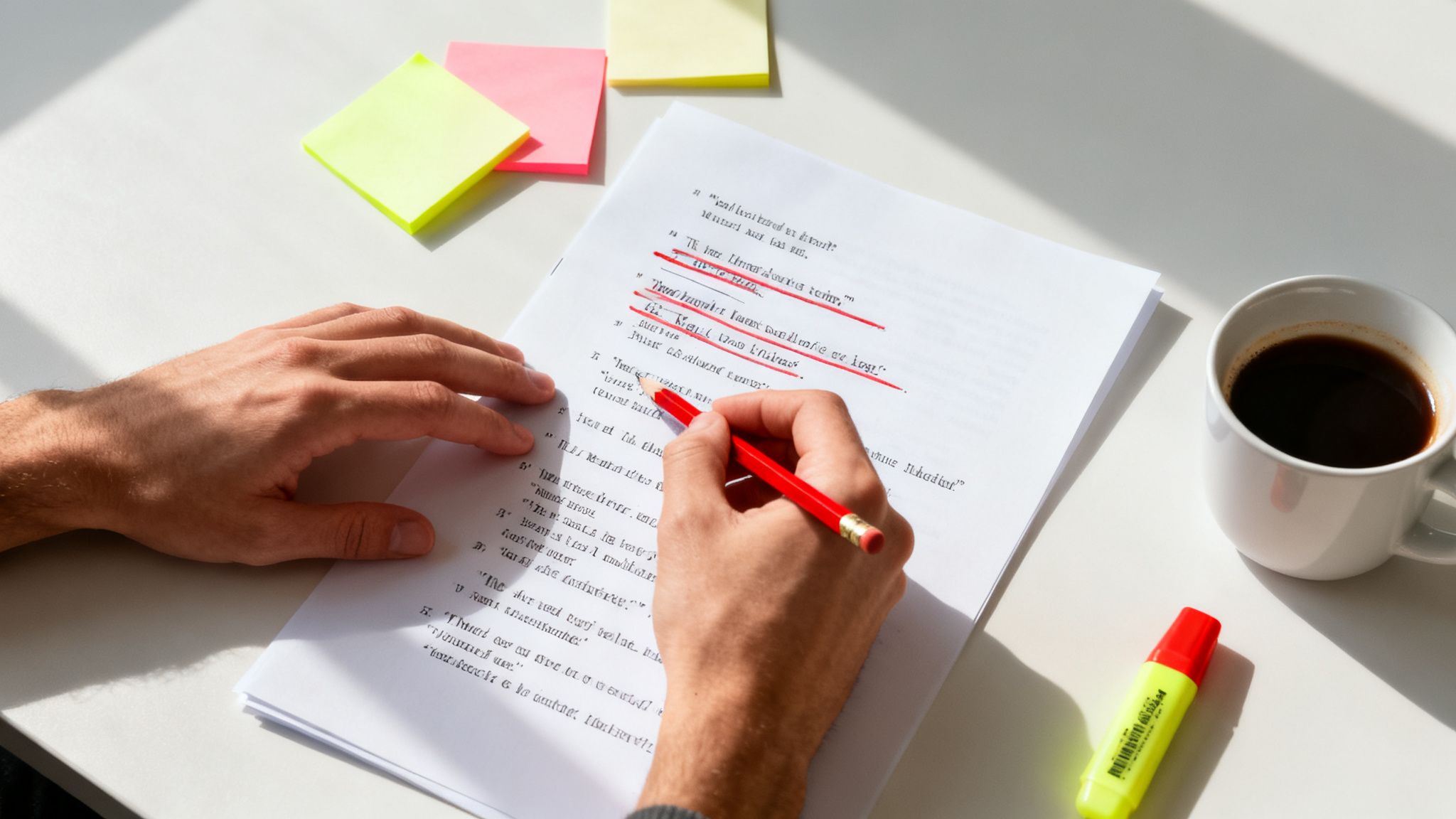 Close-up of hands editing a document with a red pencil, surrounded by sticky notes and coffee.