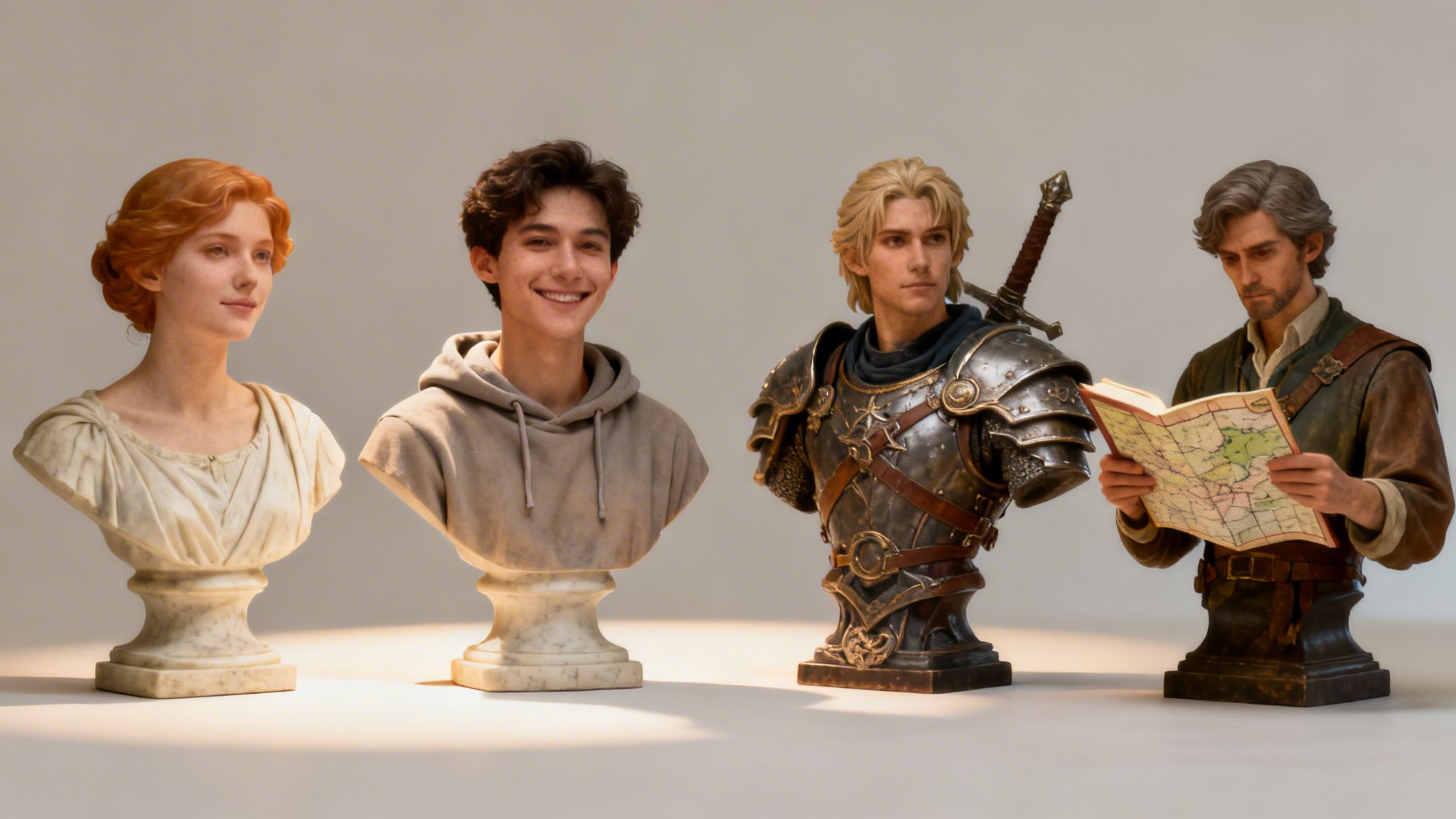 Four detailed character busts: a classical woman, a modern smiling man, an armored knight, and an adventurer reading a map.