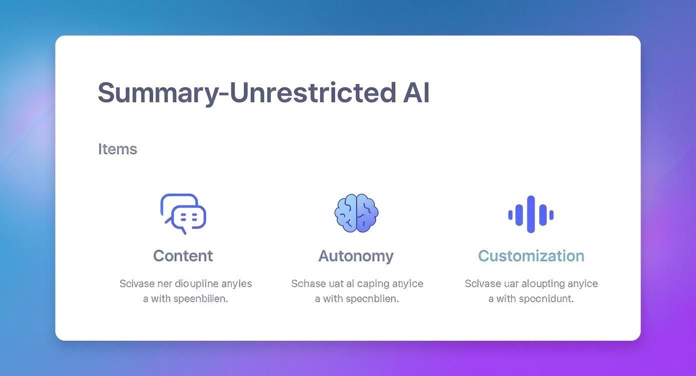 Three features of unrestricted AI chatbots: content generation, autonomy, and customization with icons