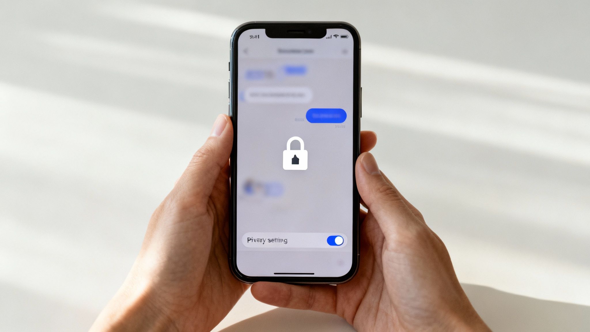 A woman smiles as she interacts with her phone, which displays colorful chat bubbles, suggesting a positive digital connection.