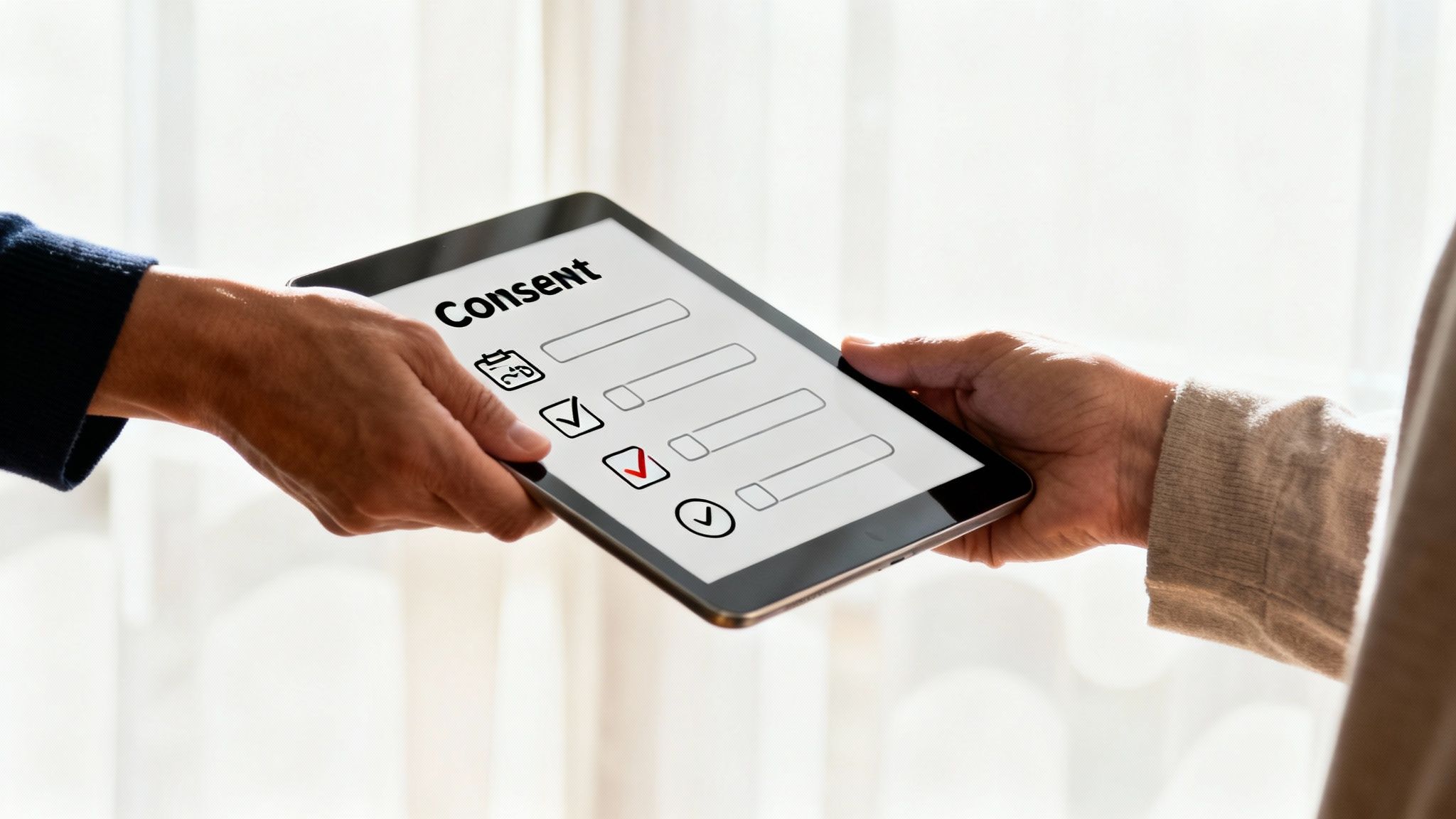 Two people holding tablet displaying digital consent form with checkboxes and options