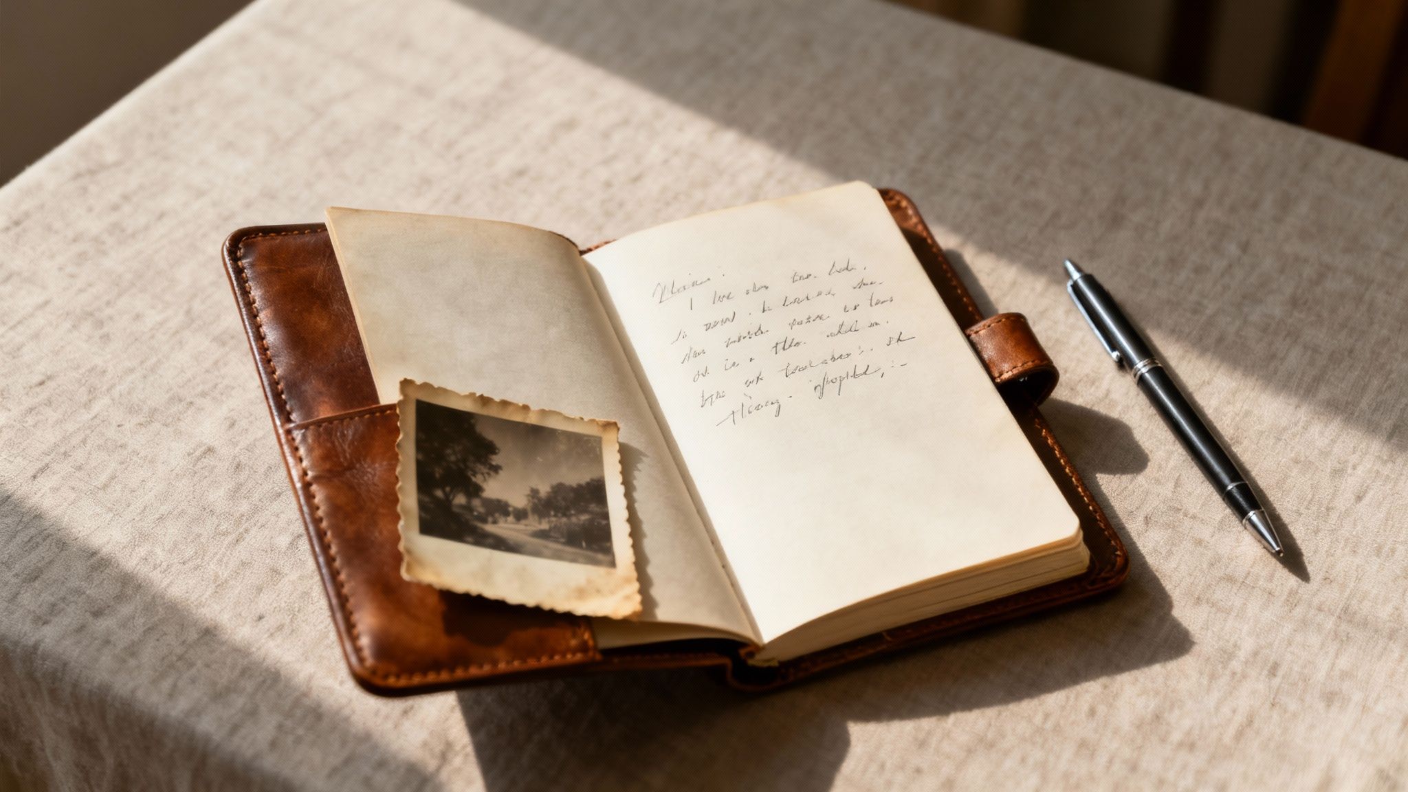 A stack of old, worn leather-bound journals and scattered photographs on a dark wooden desk, suggesting a deep and complex history.