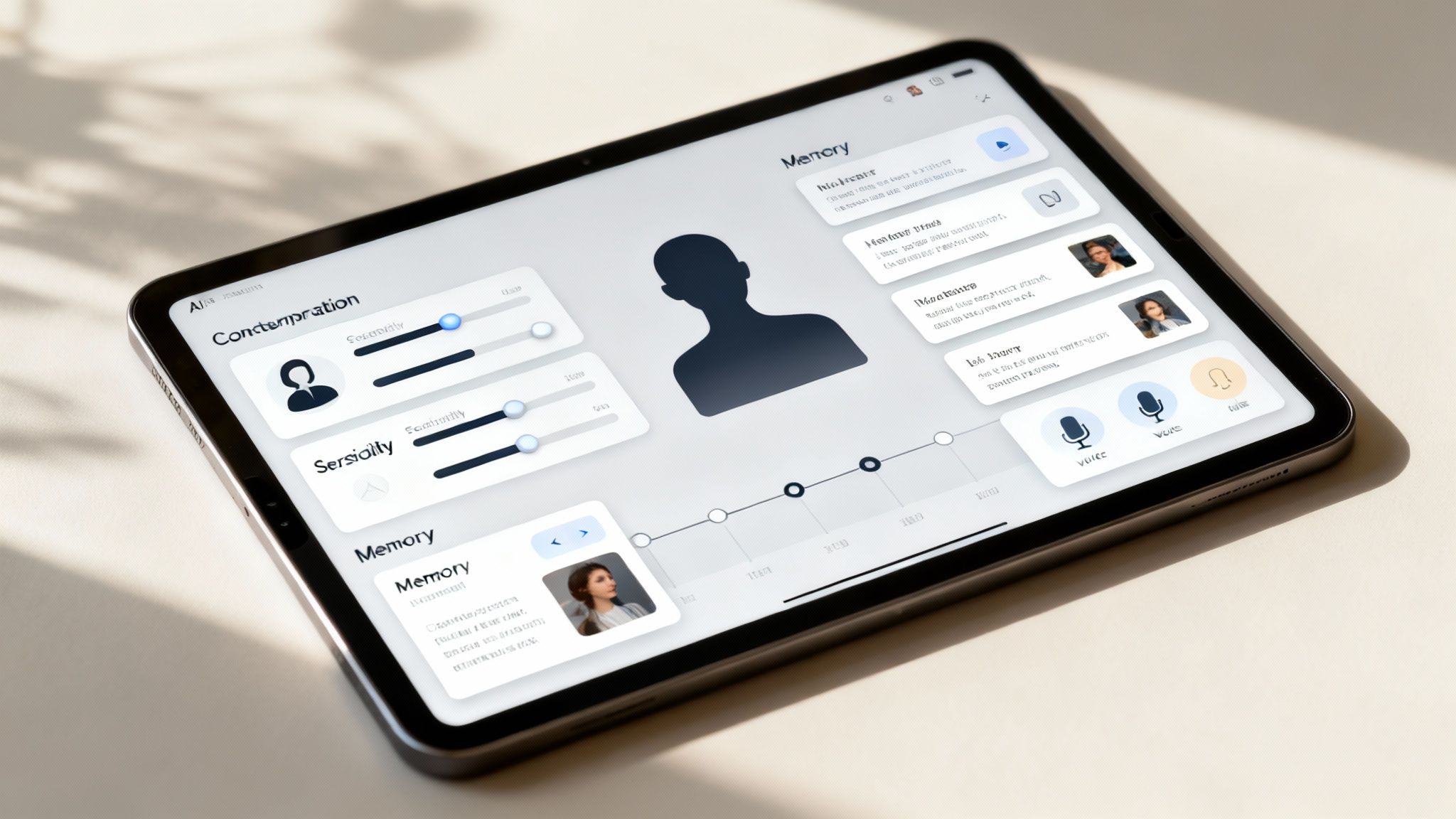 A tablet displays a sophisticated UI with contemplation, memory features, voice options, and user profiles.