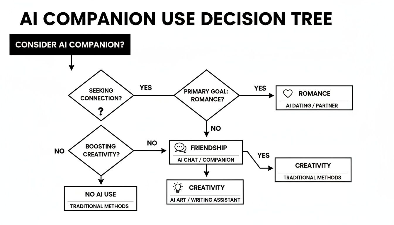 A flowchart for deciding AI companion use based on goals like connection, romance, friendship, or creativity.