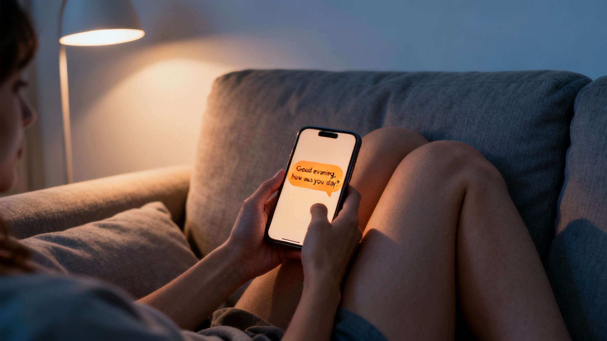 Woman on a sofa looking at her smartphone displaying a 'Good evening, how was your day?' chat message.