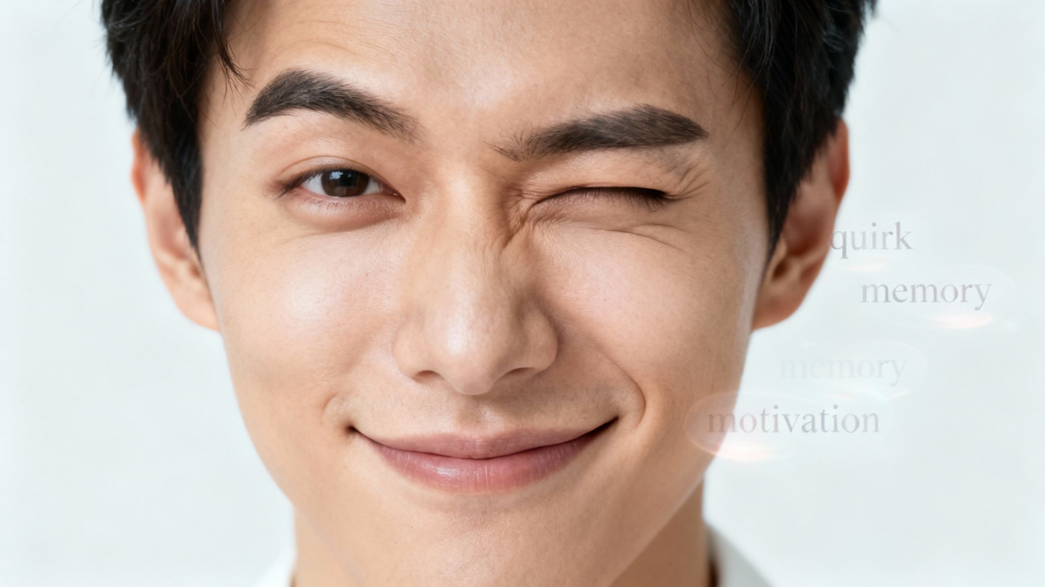 Close-up of a young man winking and smiling, with overlaid text about personality and memory.