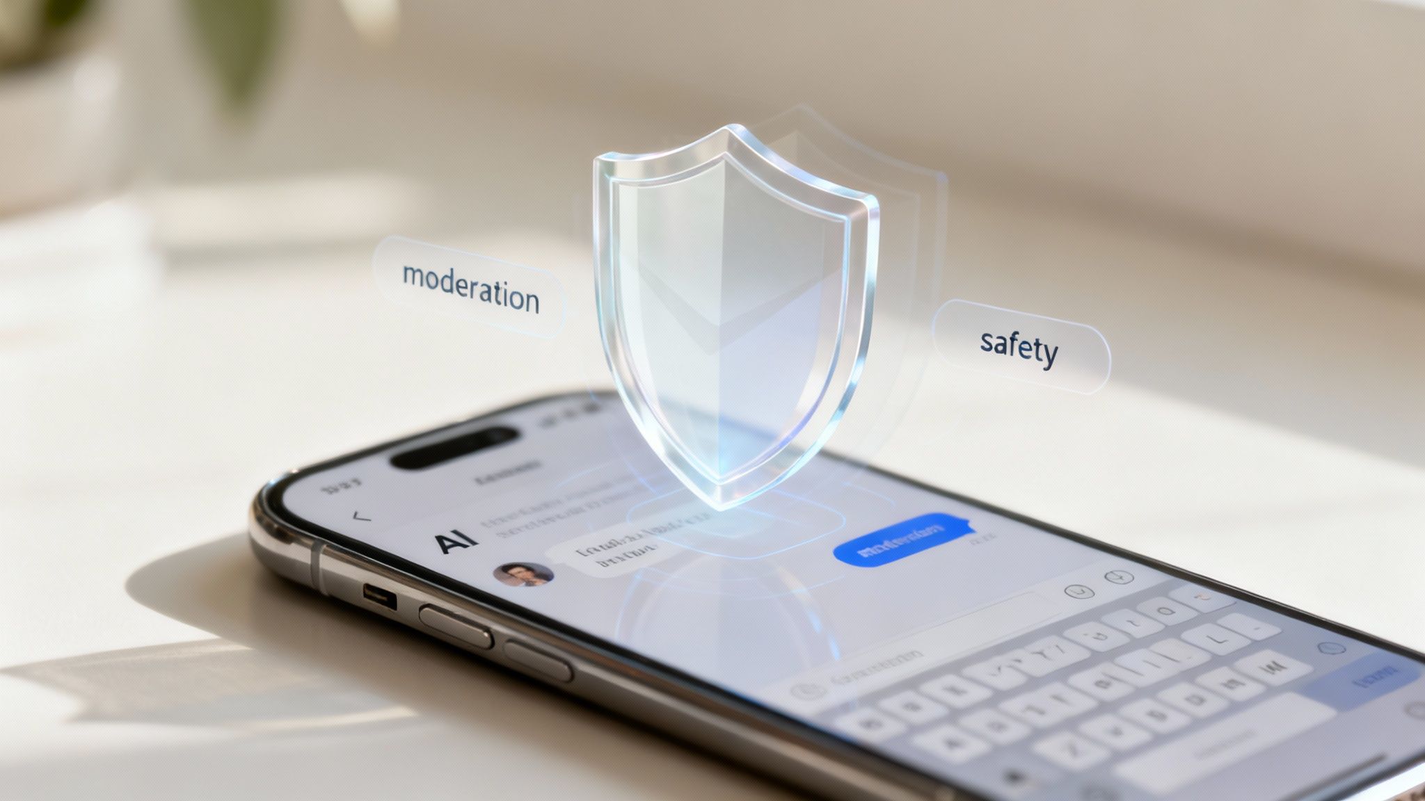 AI chatbot on a smartphone with a digital security shield, 'moderation' and 'safety' text.